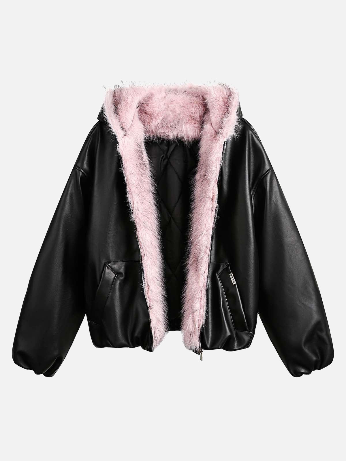 Concert Outfit Leather Pink Fur Hooded Quilted Jacket
