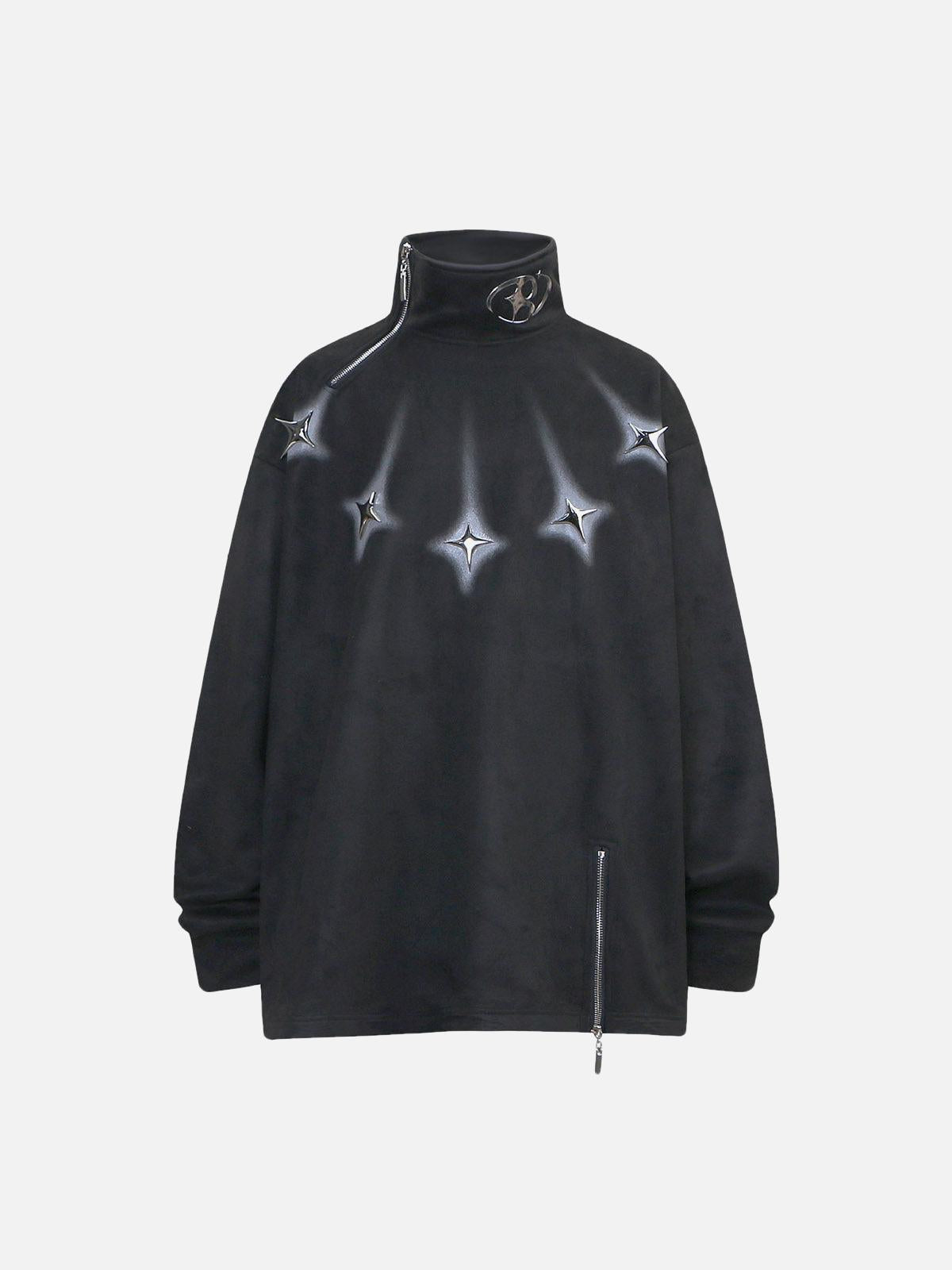 Concert Outfit Metal Button Multi Zipper Suede Fleece Sweatshirt