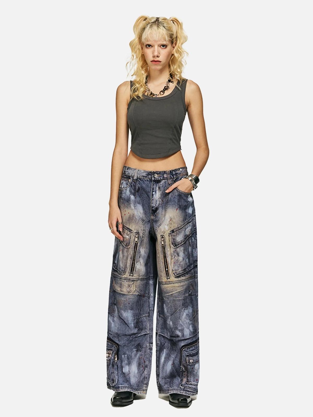 Concert Outfit Multi-Pocket Dirty Overalls Jeans