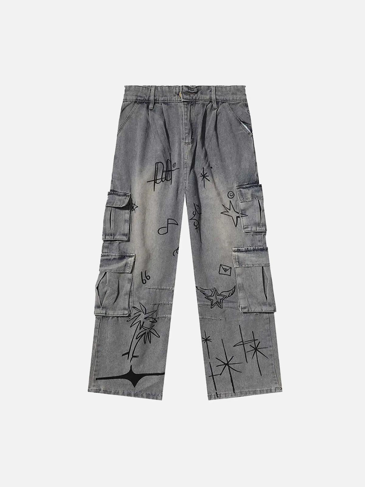 Concert Outfit Painted Washed Multi-Pocket Cargo Jeans