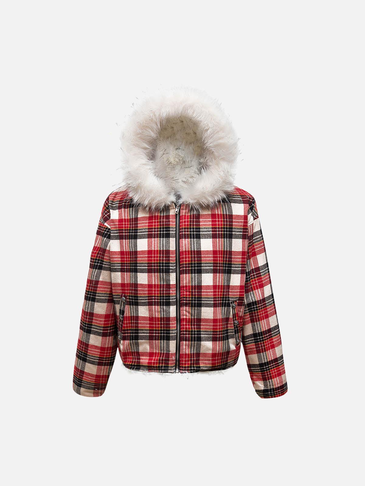Concert Outfit Plaid Sherpa Lined  Fur Hooded Jacket