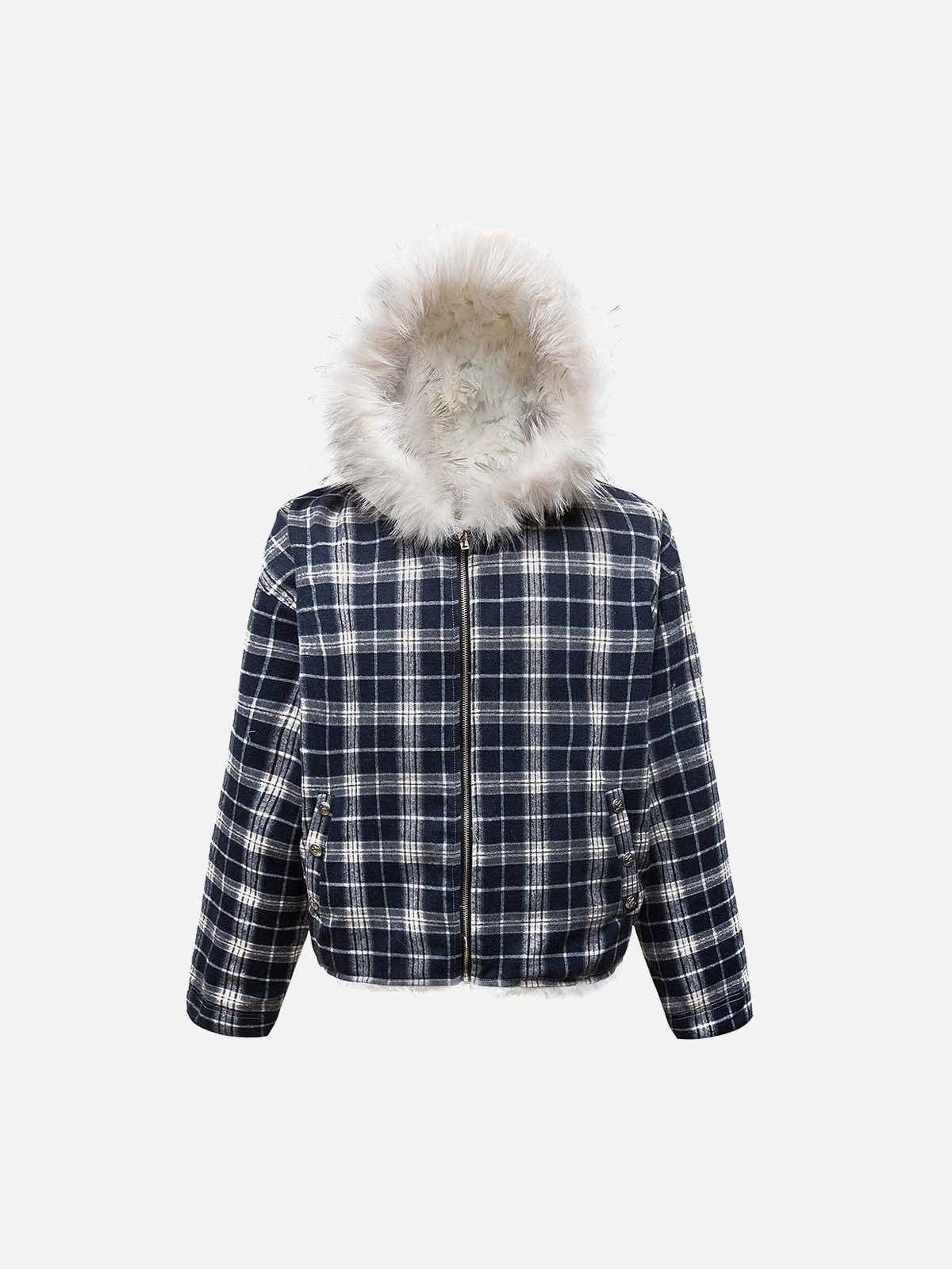 Concert Outfit Plaid Sherpa Lined  Fur Hooded Jacket