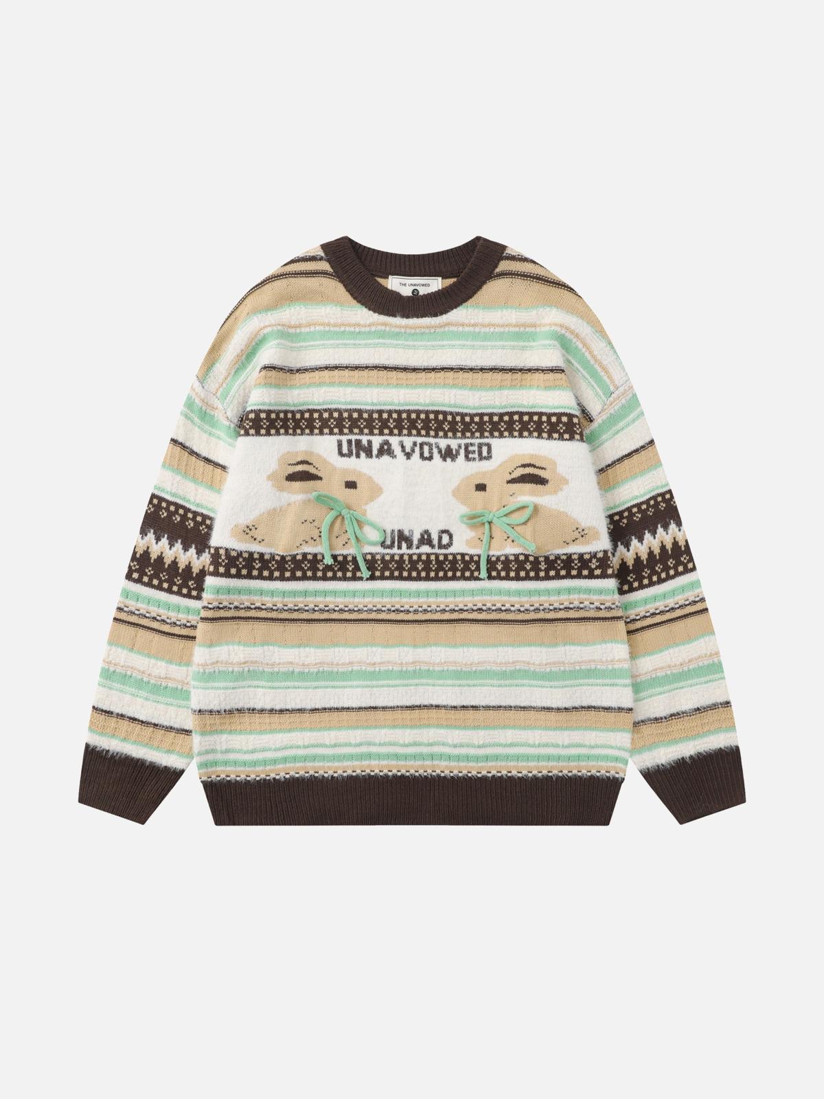 Concert Outfit Rabbit Jacquard Bow Decorative Stripes Sweater