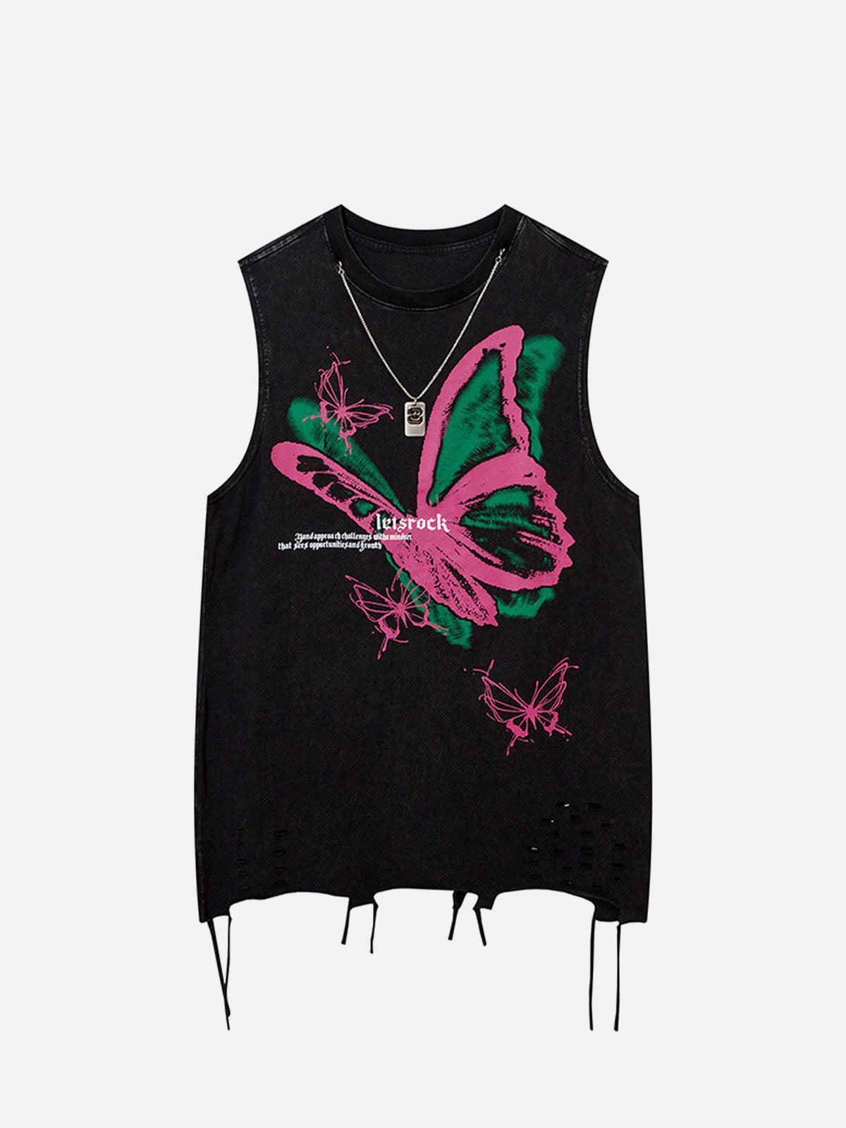 Concert Outfit Raw Edge Butterfly Print Vest