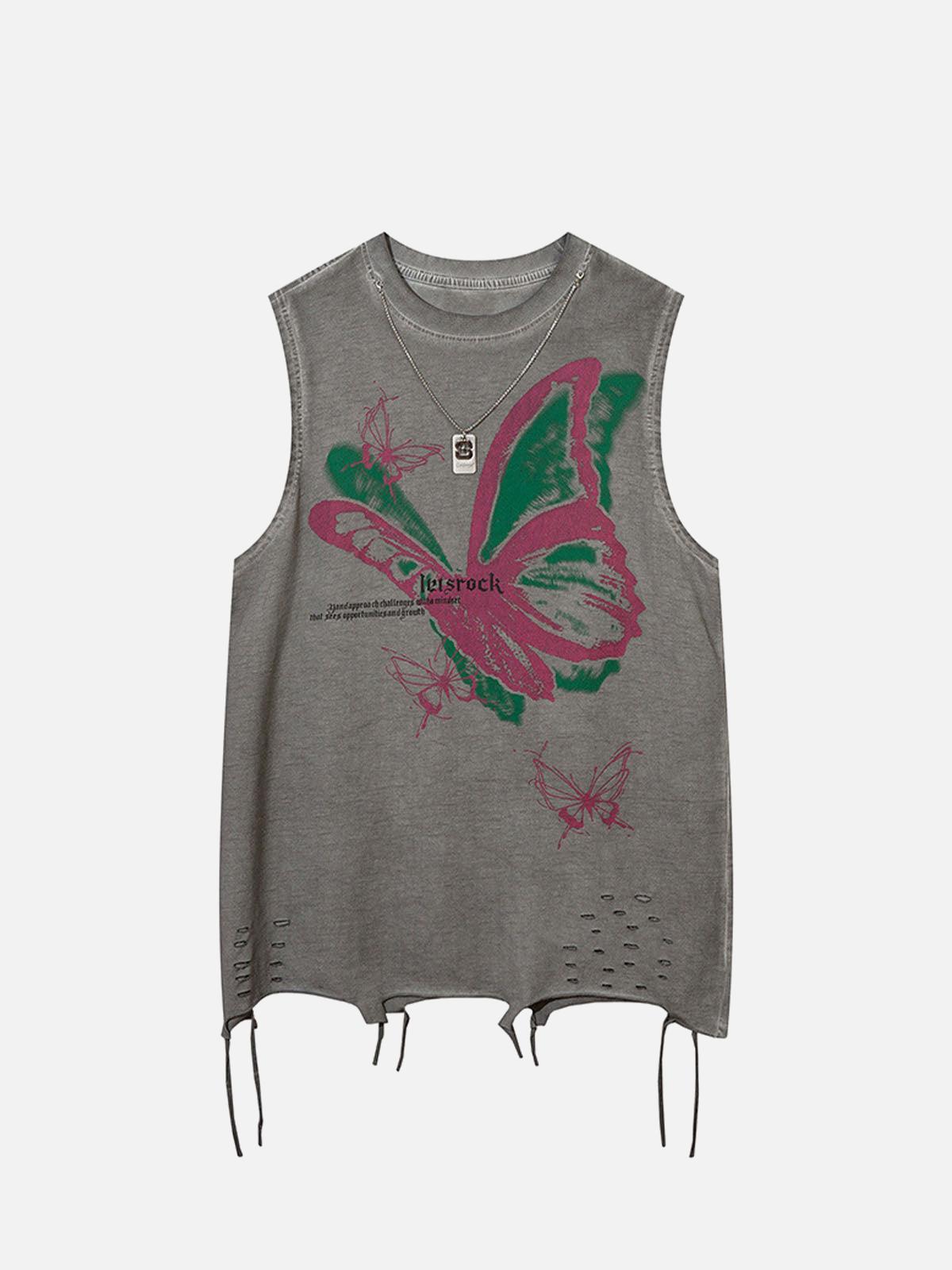 Concert Outfit Raw Edge Butterfly Print Vest