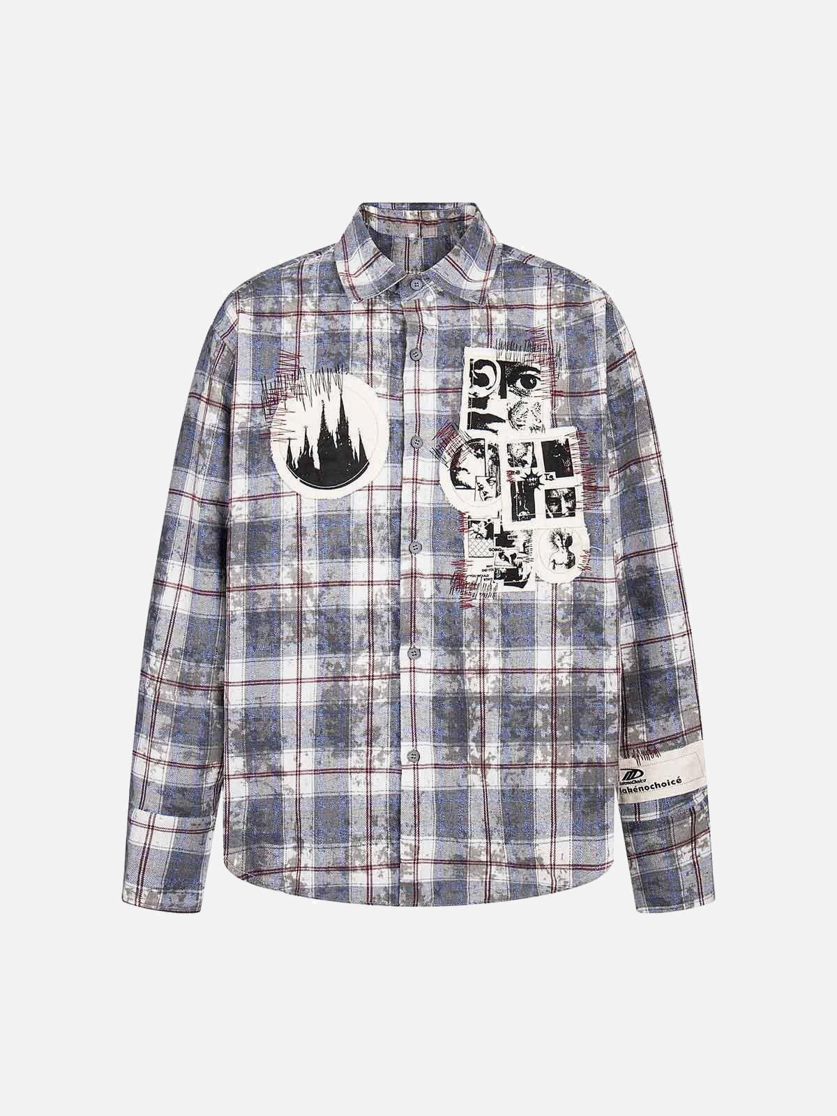 Concert Outfit Retro Cleanfit Patch Embroidered Plaid Shirt