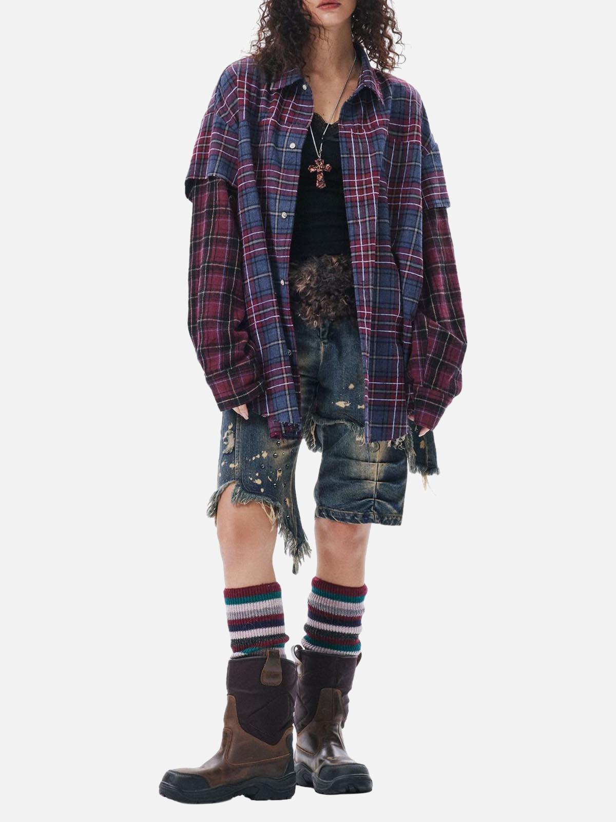 Concert Outfit Retro Faux Two-Piece Plaid Shirt