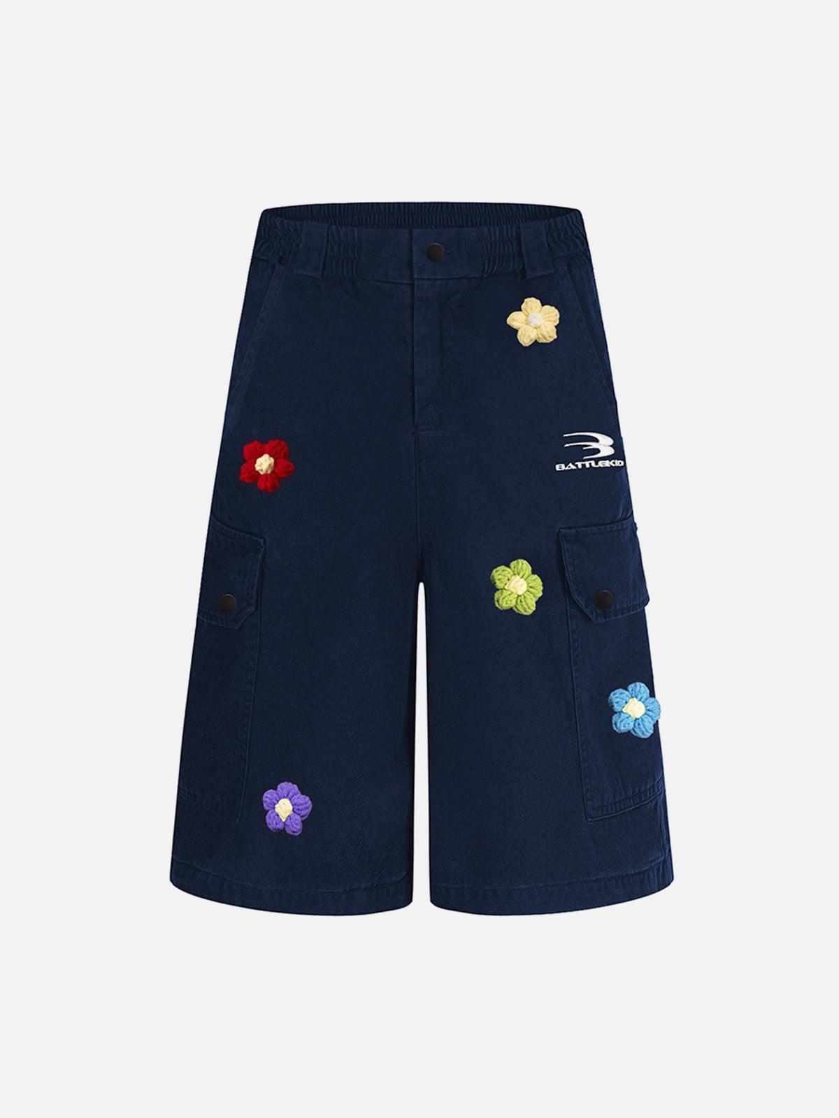 Concert Outfit Retro Floral Embroidered Pleated Multi-Pocket Cargo Jorts