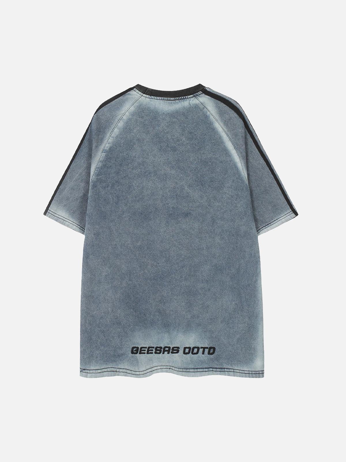 Concert Outfit Retro Letter Embroidery Contrast Denim T-Shirt