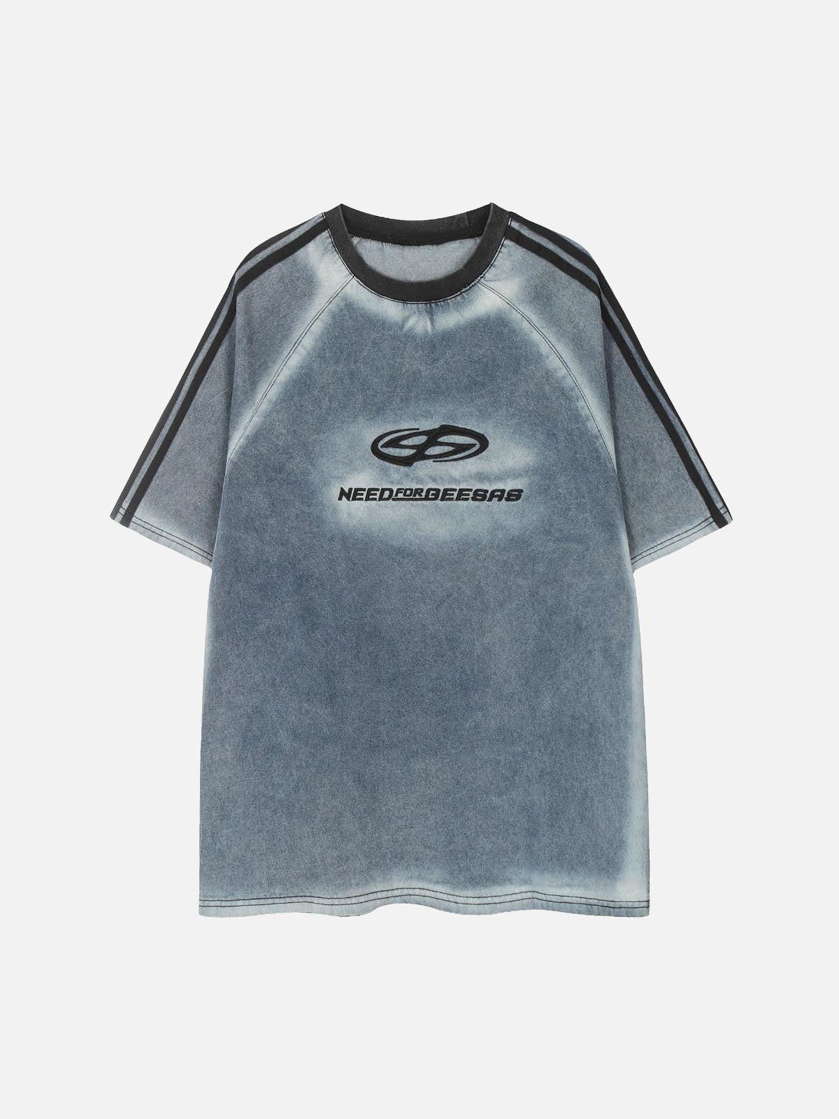 Concert Outfit Retro Letter Embroidery Contrast Denim T-Shirt