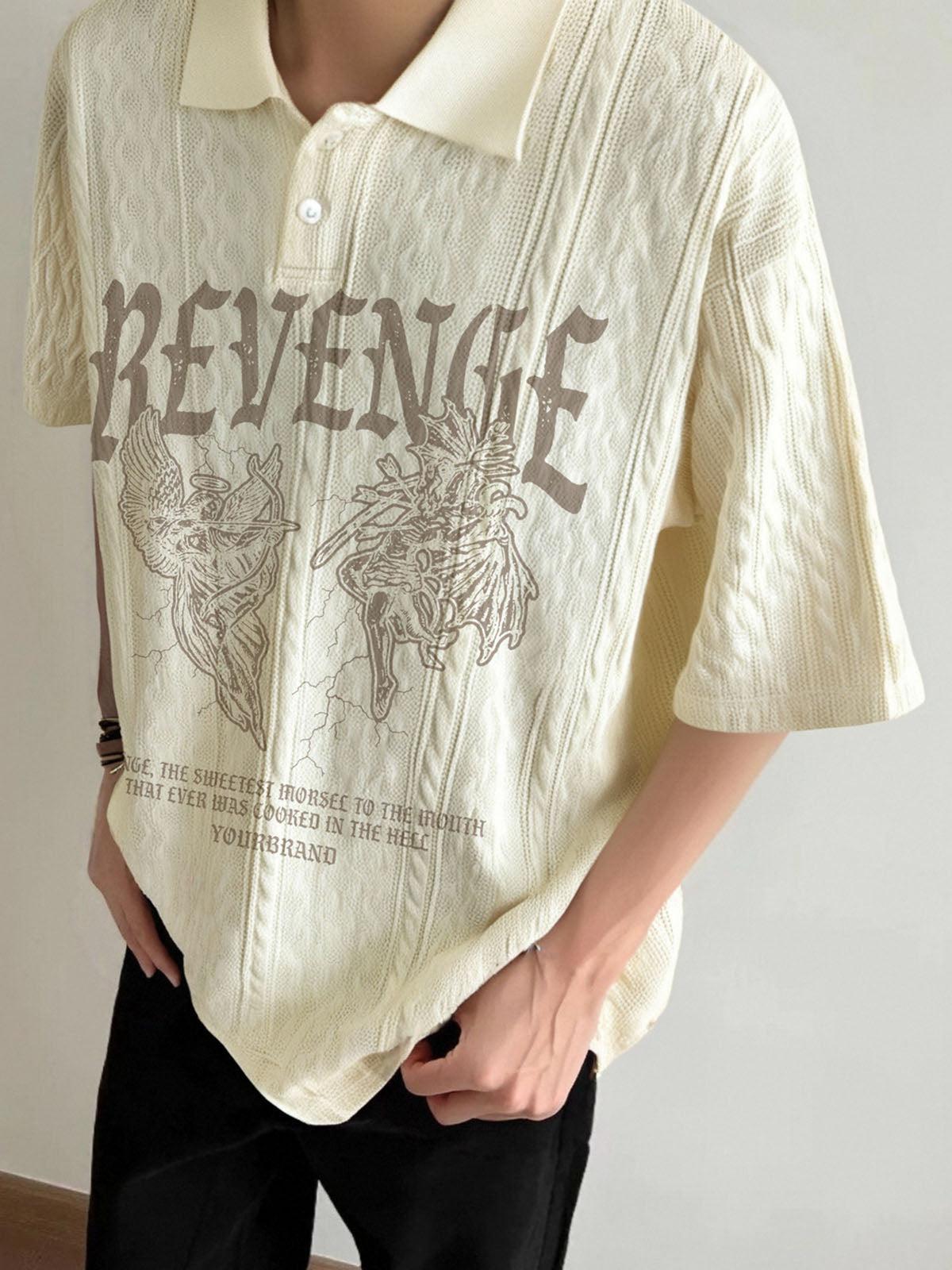 Concert Outfit Retro Letter Print Lapel Short Sleeve Polo Shirt