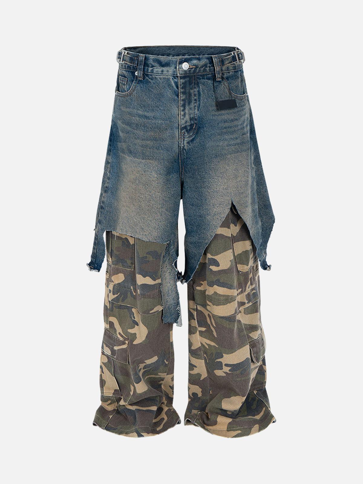 Concert Outfit Retro Stitching Faux Two-Piece Camouflage Jeans