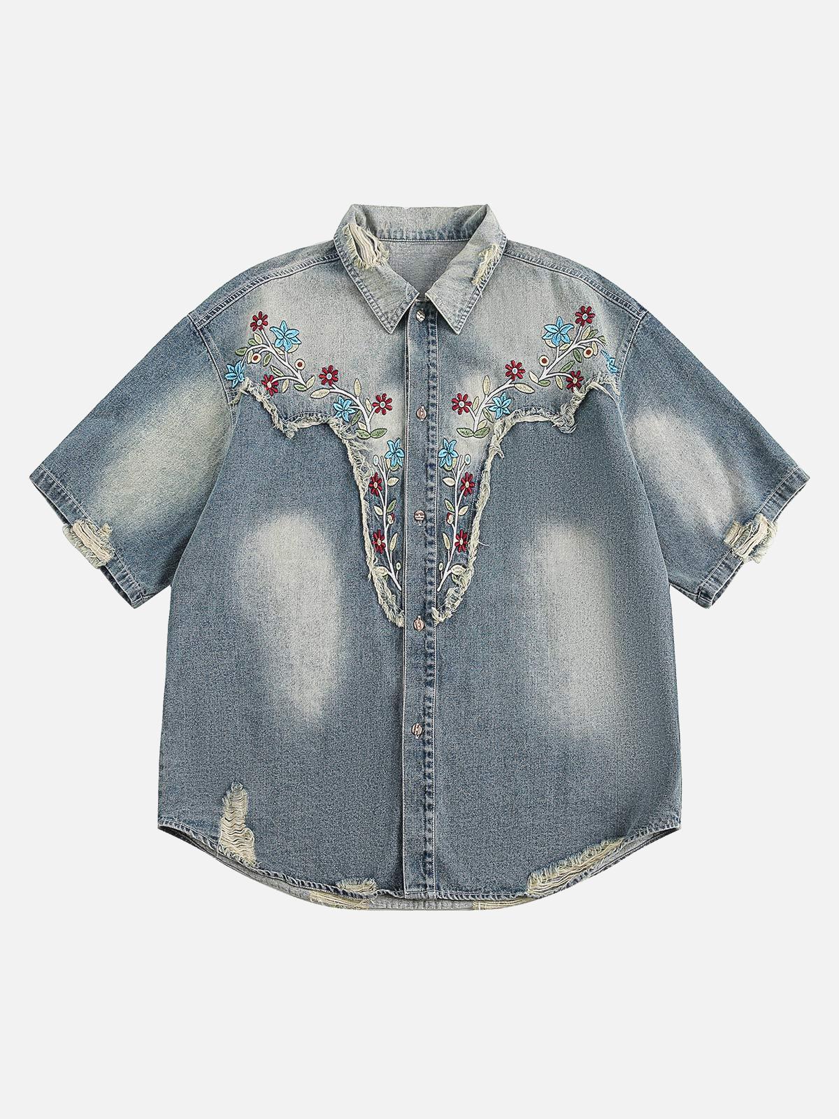Concert Outfit Ripped Embroidered Floral Denim Shirt