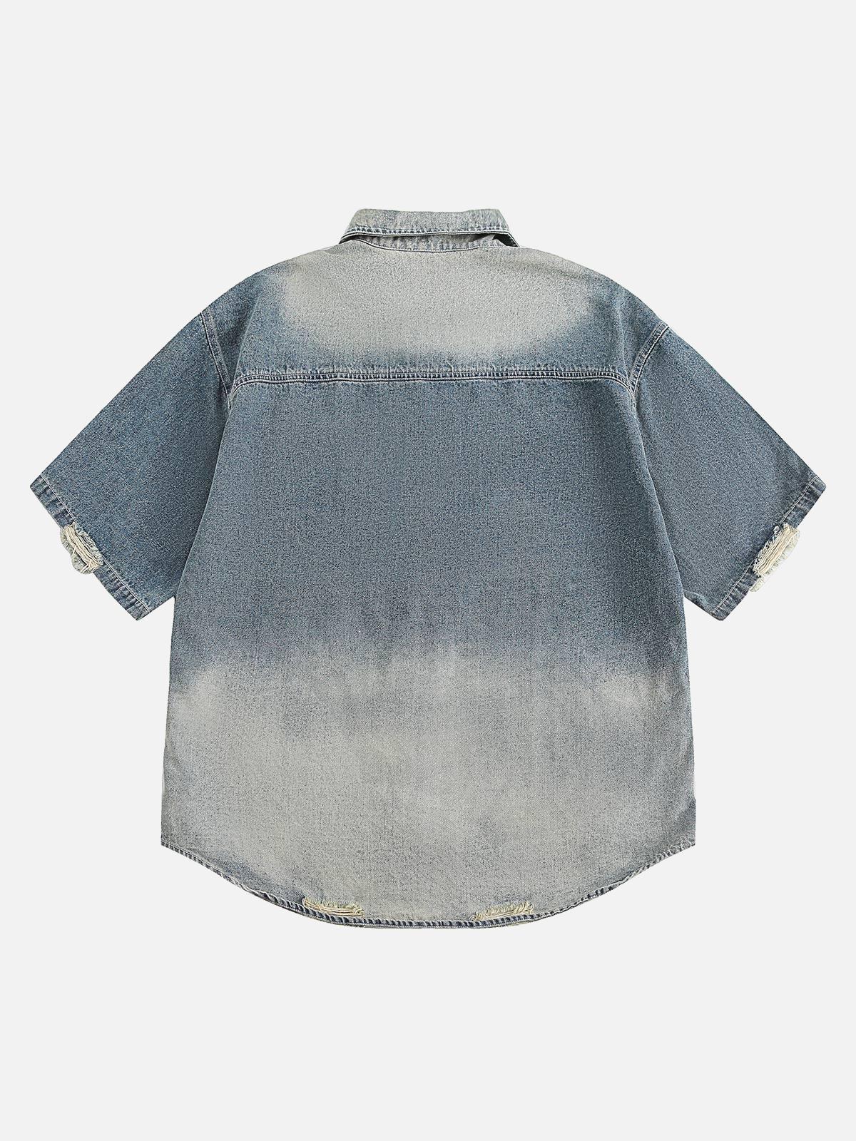 Concert Outfit Ripped Embroidered Floral Denim Shirt