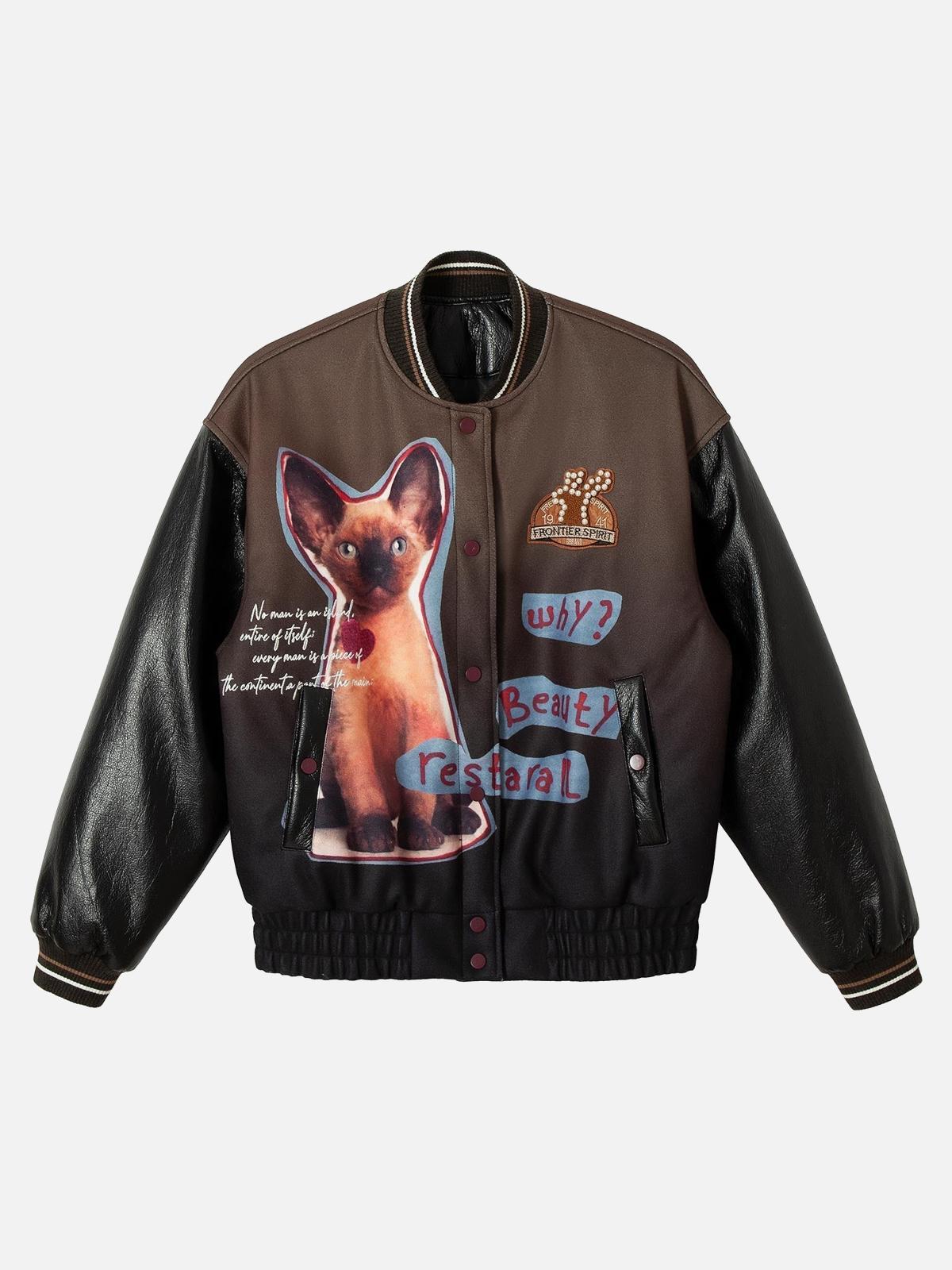 Concert Outfit Siamese Cat Embroidery Leather Bomber Jacket