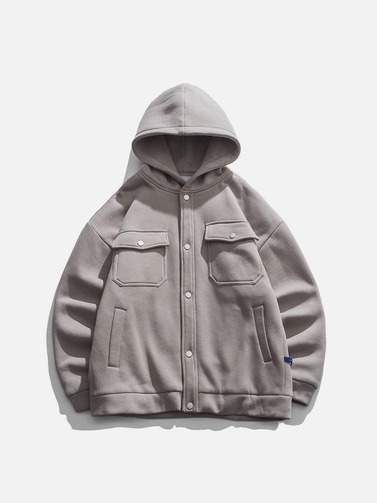 Concert Outfit Solid Color Multi-Pocket Hooded Winter Coat