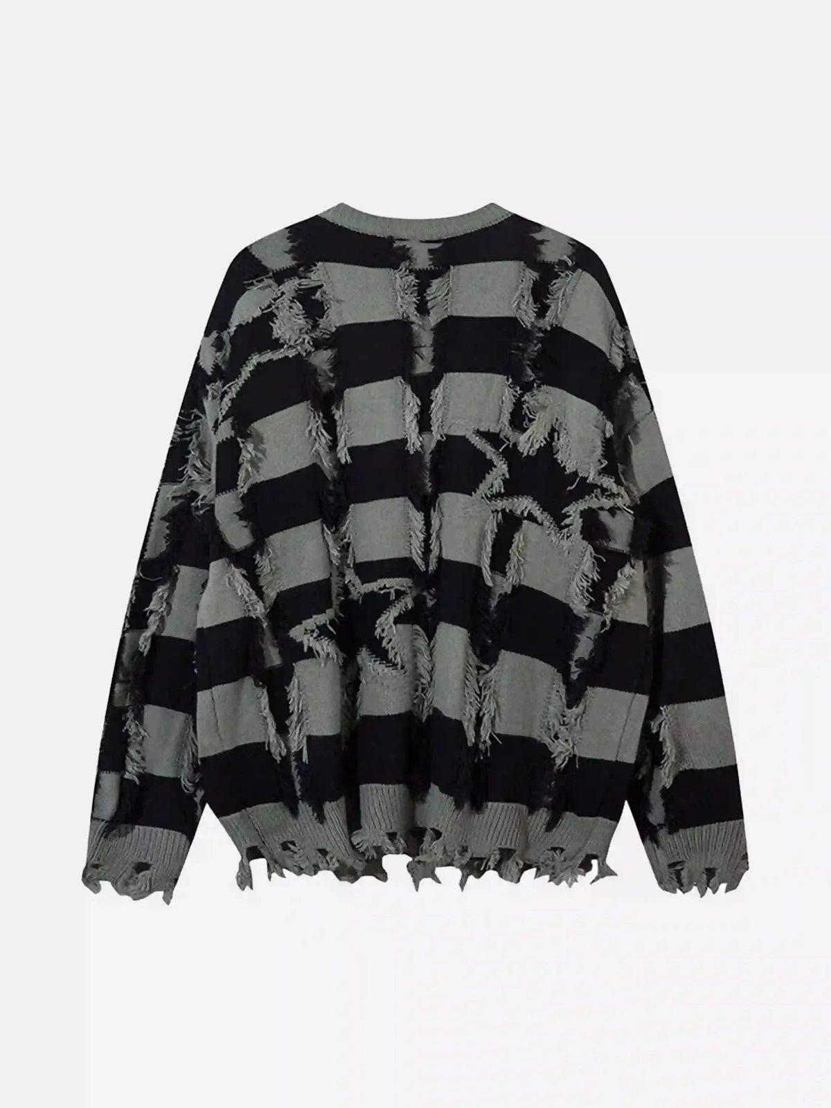 Concert Outfit Street Star Stripe Whisker Ripped Crew Neck Sweater