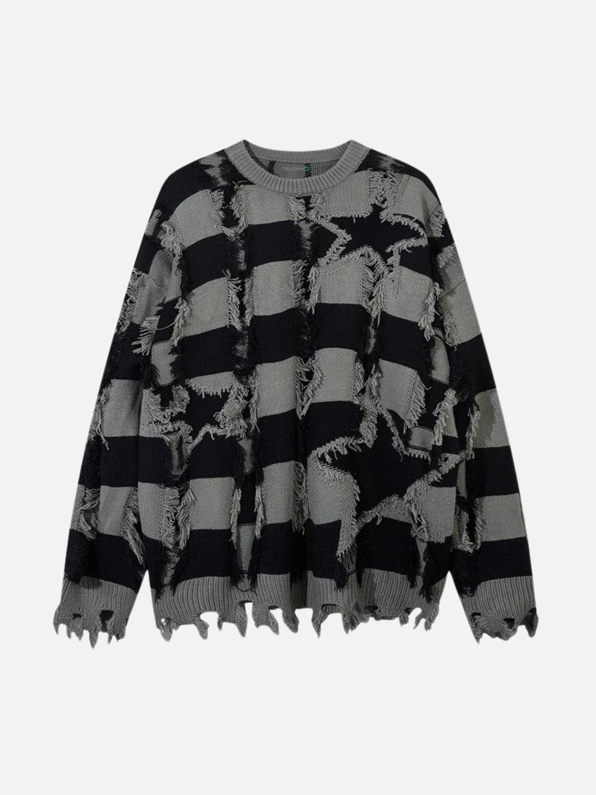 Concert Outfit Street Star Stripe Whisker Ripped Crew Neck Sweater