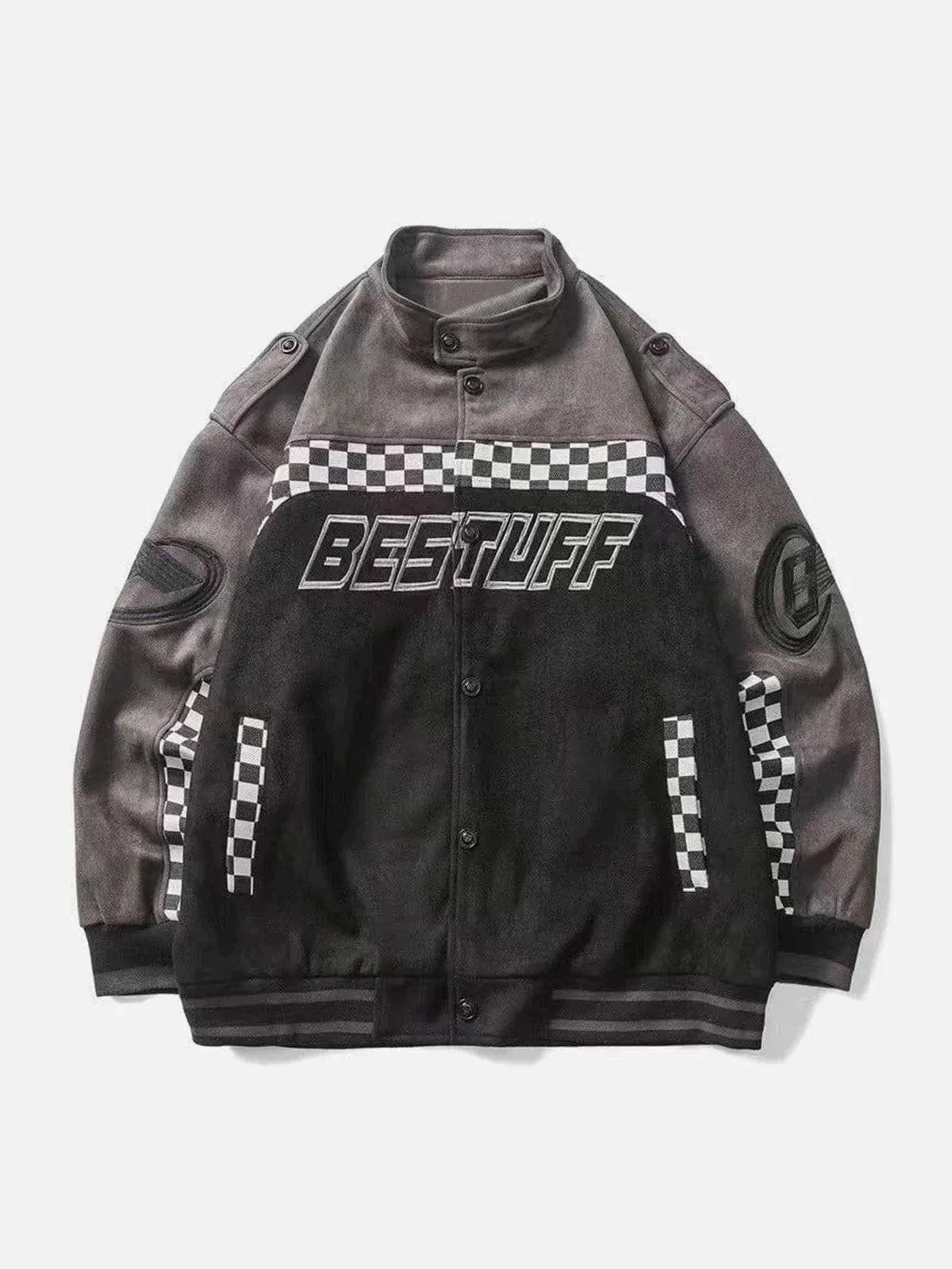 Concert Outfit Velvet Checkerboard Patchwork Racing Jacket
