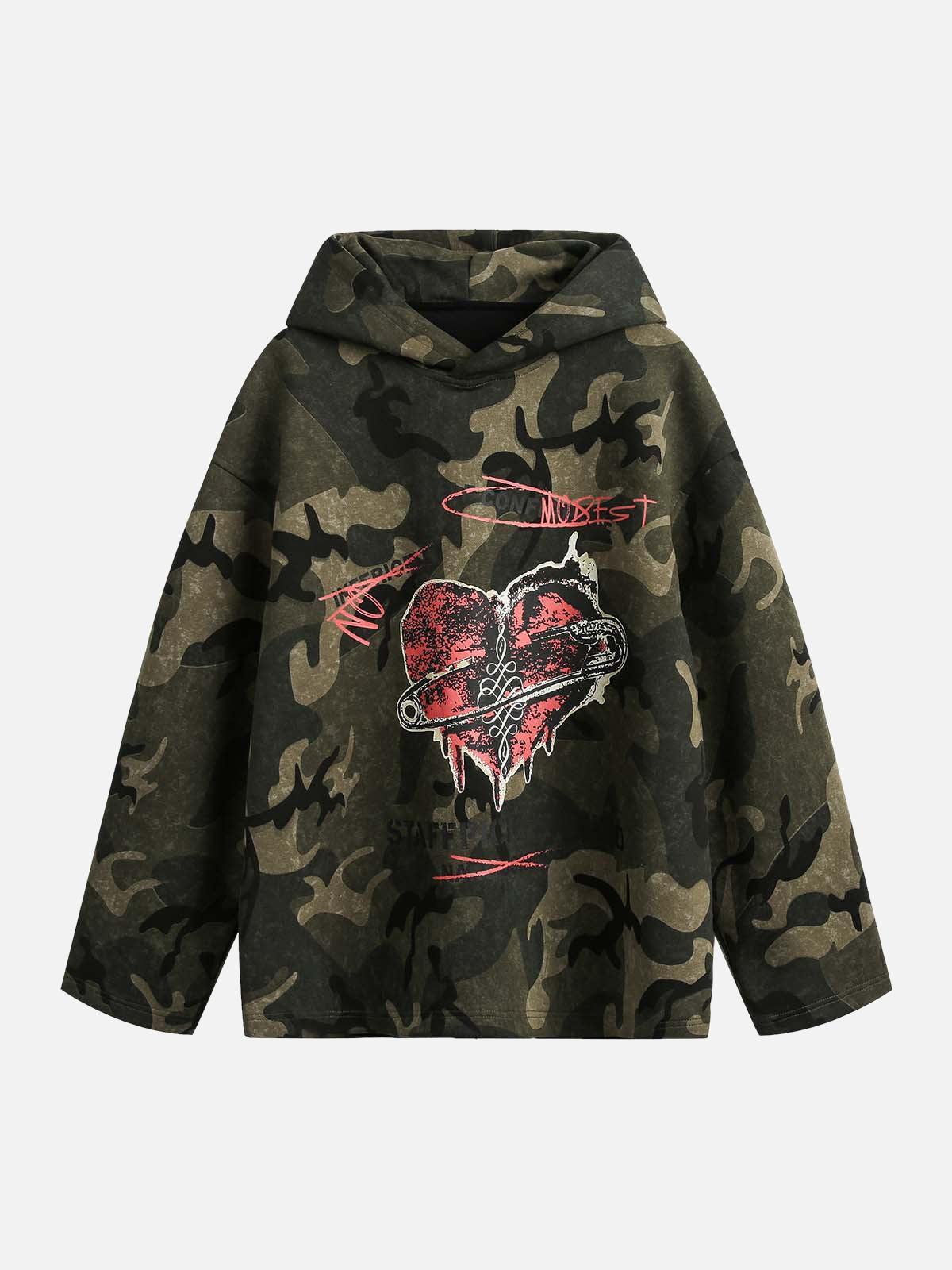 Concert Outfit Vintage Camouflage Flame Heart Print Hoodie