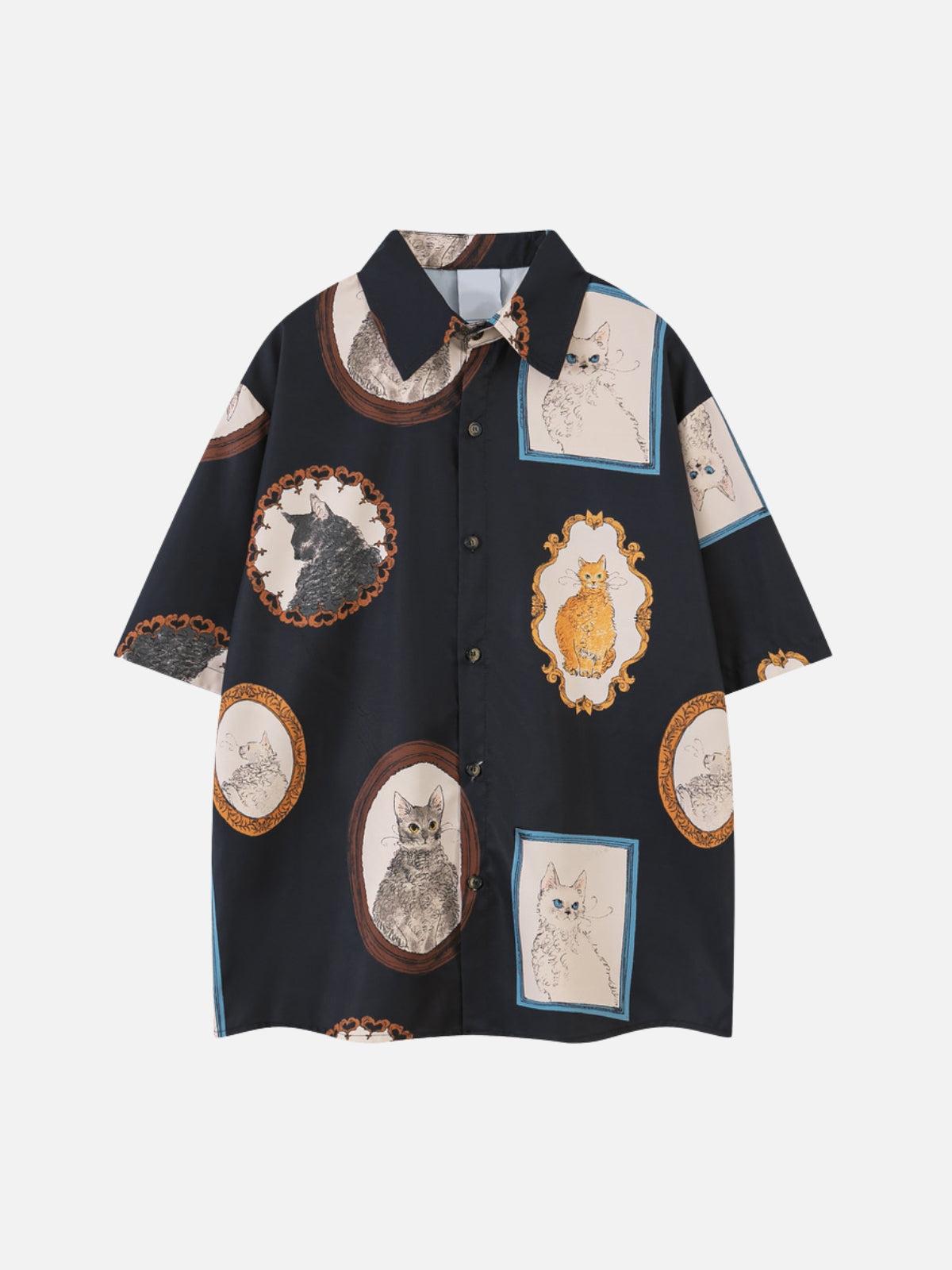 Concert Outfit Vintage Cat Print Short Sleeve Shirt