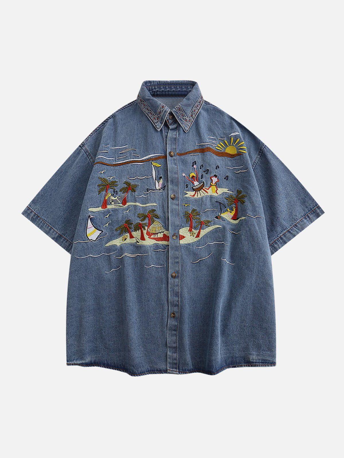 Concert Outfit Vintage Embroidered Denim Short Sleeve Shirt