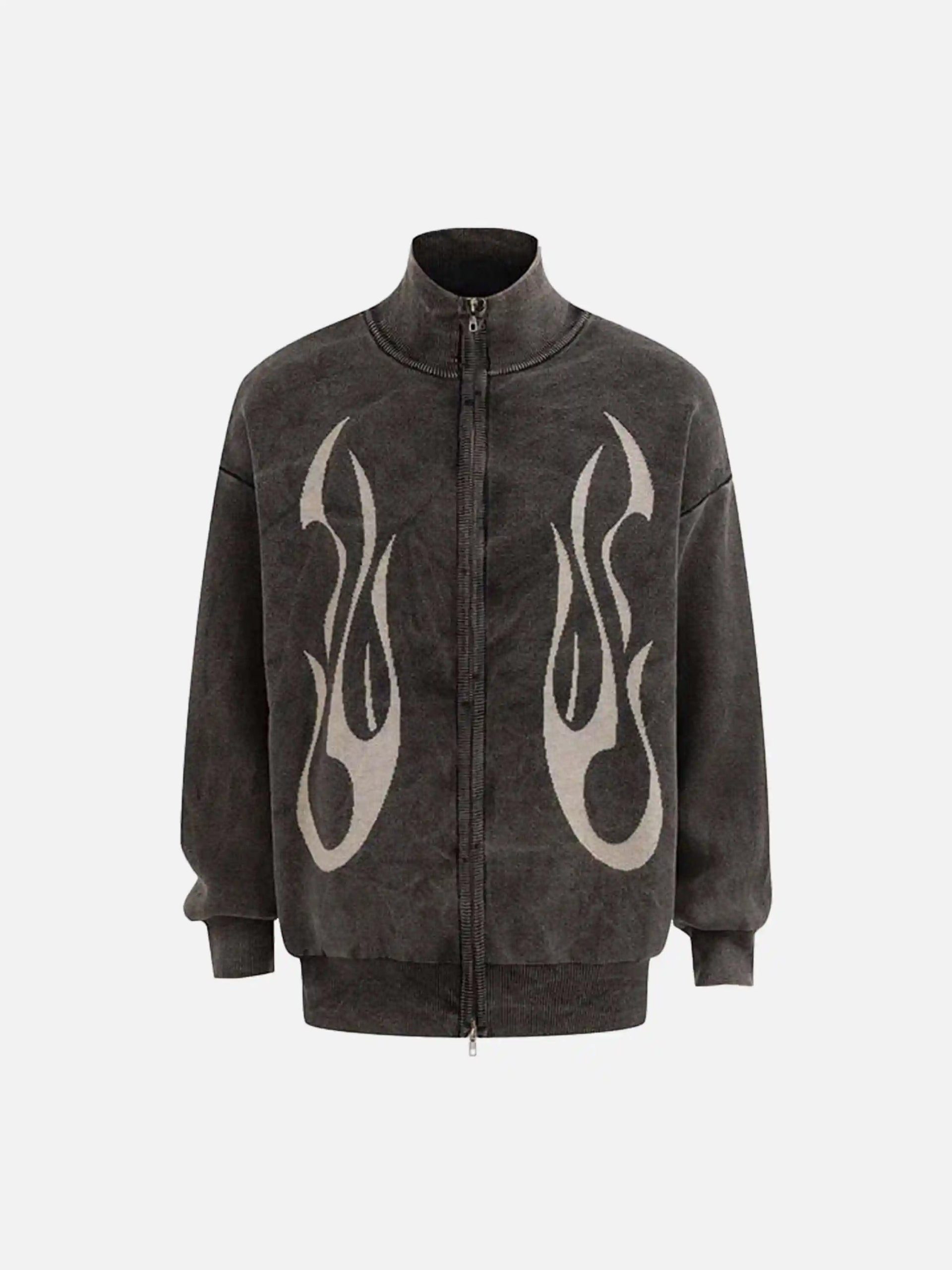 Concert Outfit Vintage Flame Jacquard Stand Collar Cardigan