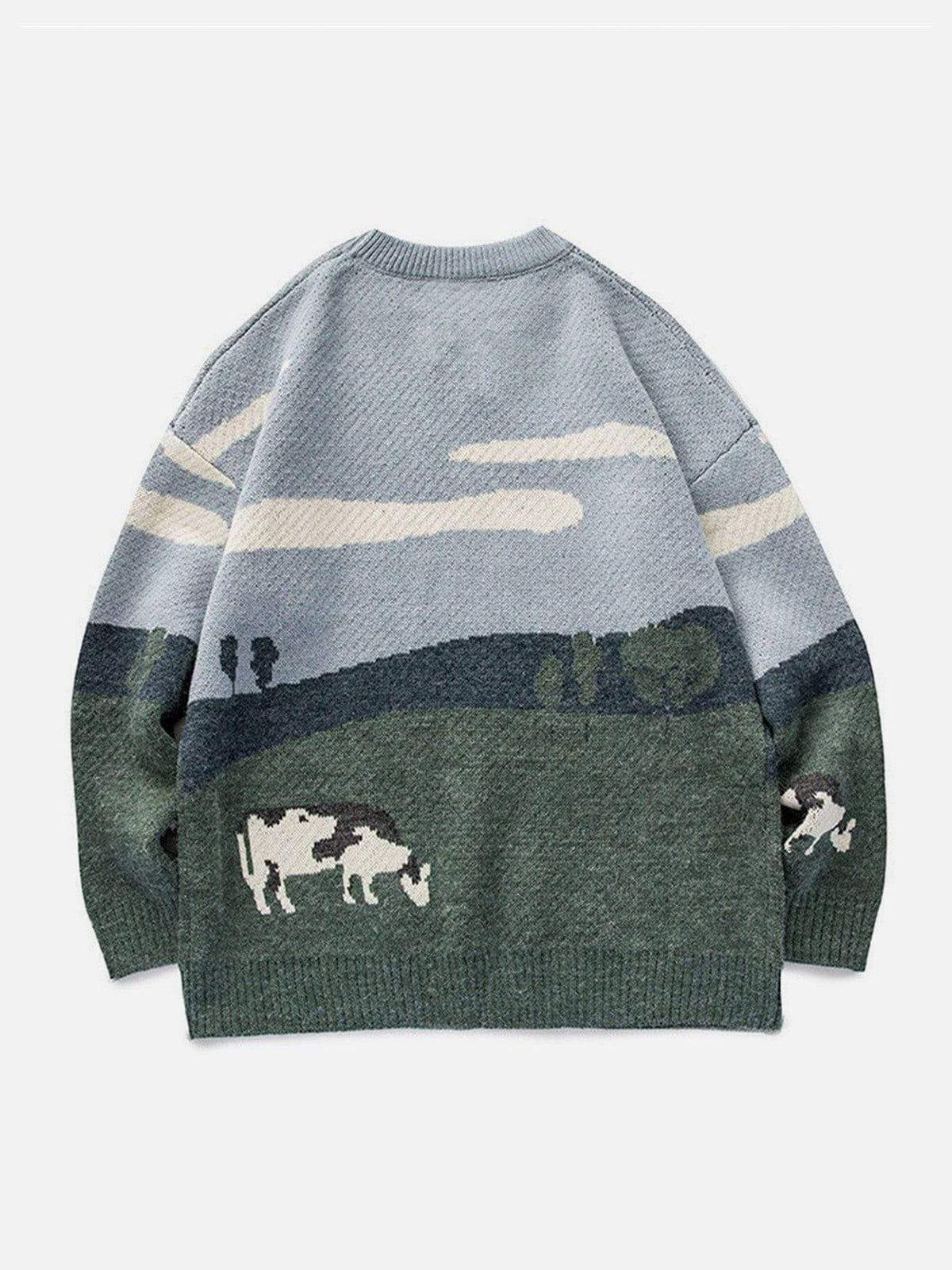 Concert Outfit Vintage Prairie Cow Pattern Streetwear Sweater