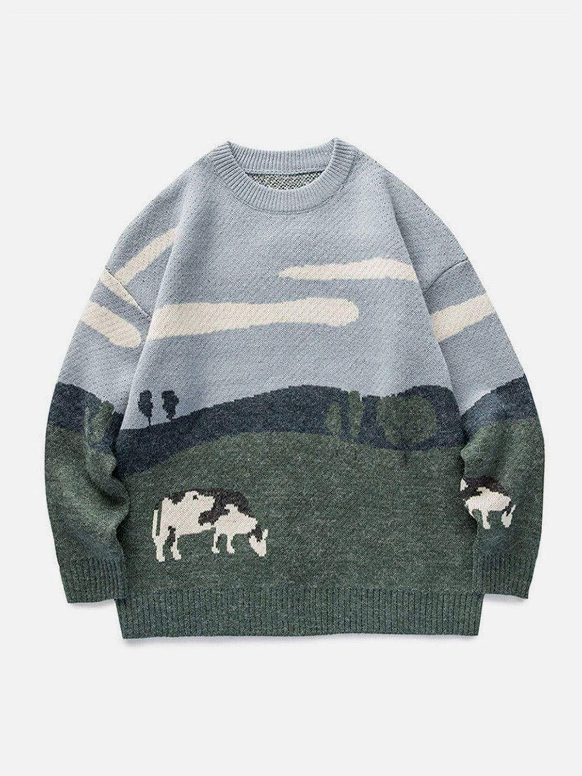 Concert Outfit Vintage Prairie Cow Pattern Streetwear Sweater