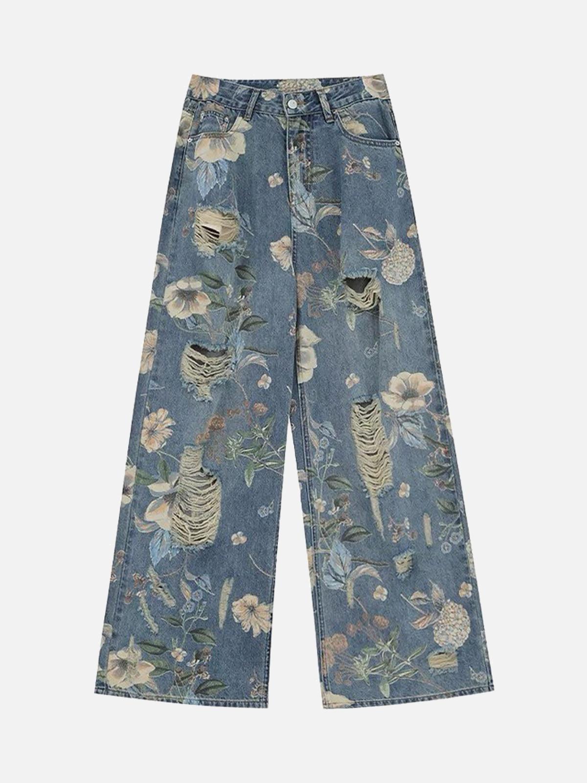 Concert Outfit Vintage Washed Distressed Floral Ripped Baggy Jeans