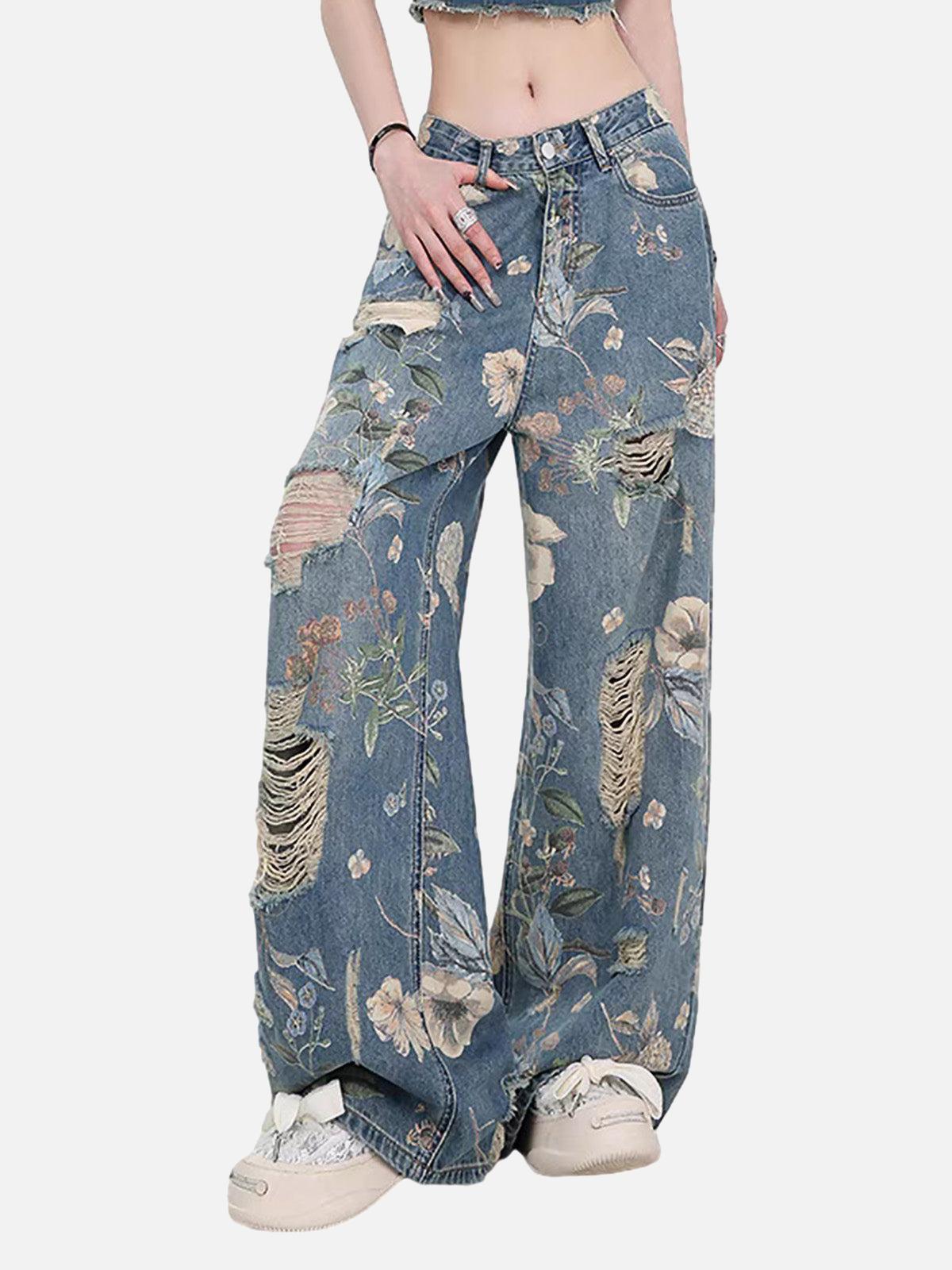 Concert Outfit Vintage Washed Distressed Floral Ripped Baggy Jeans