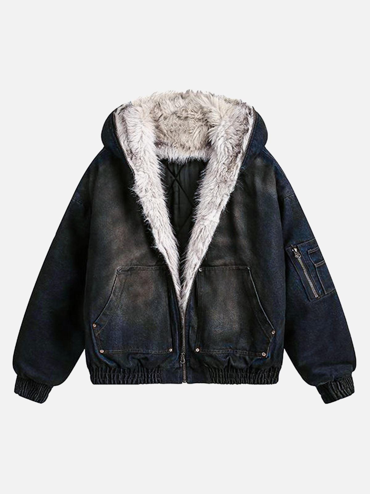 Concert Outfit Washed Denim Fur Hooded Jacket