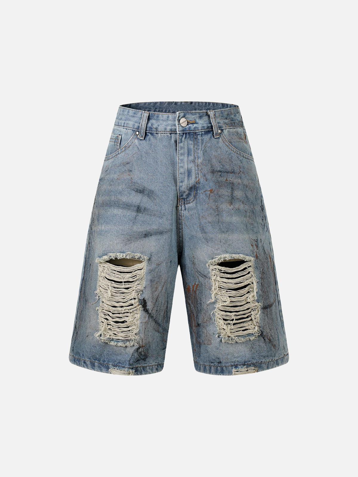 Concert Outfit Washed Distressed Dirty-Dyed Ripped Denim Shorts