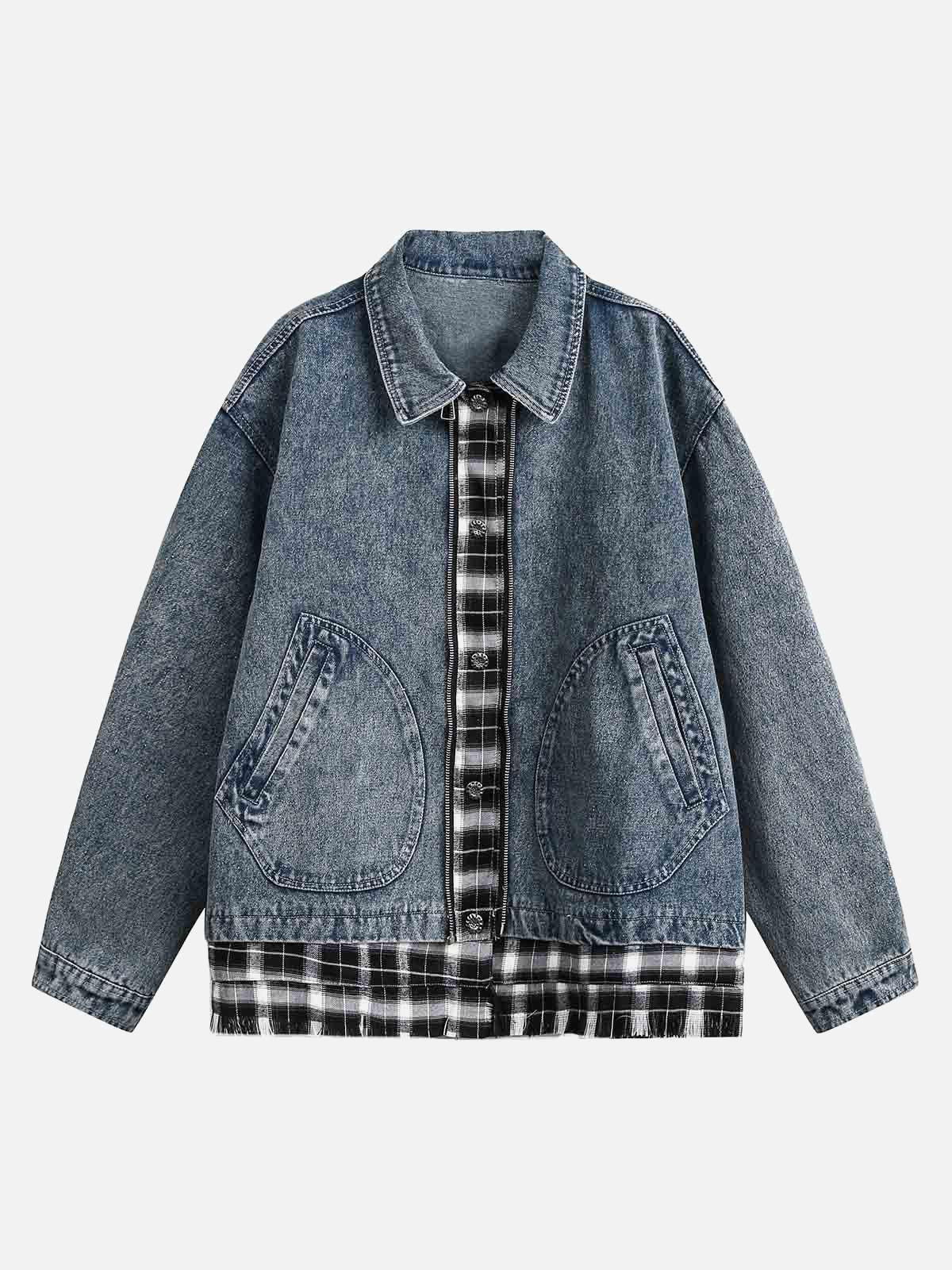 Concert Outfit Washed Distressed Patchwork Faux Two-Piece Denim Jacket