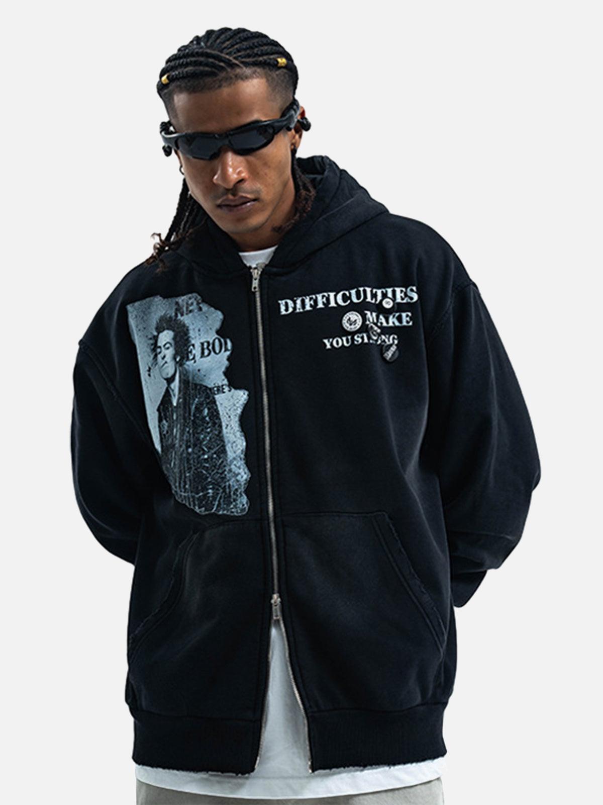 Concert Outfit Washed Distressed Retro Portrait Print Double Zipper Hoodie