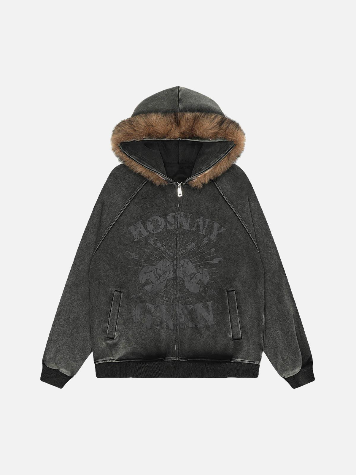 Concert Outfit Washed Fur Collar Zip Up Hoodie
