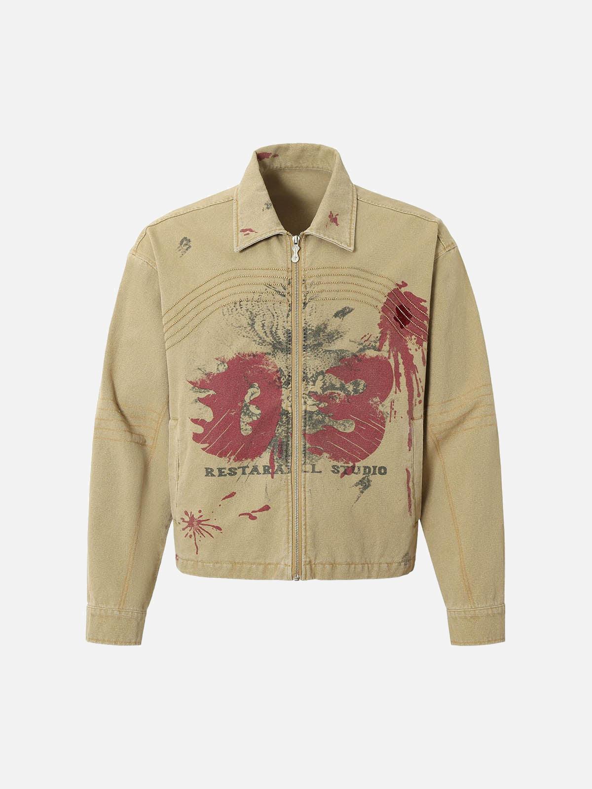 Concert Outfit Washed Graffiti Zip Up Workwear Jacket