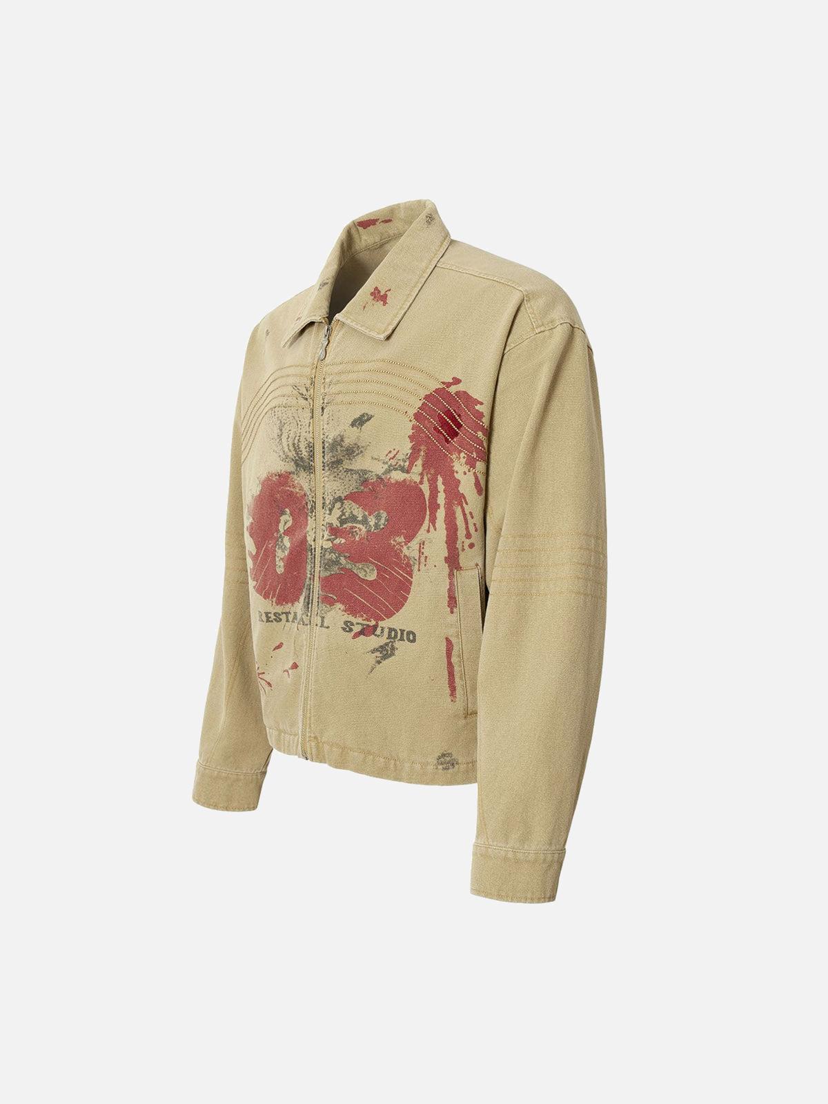 Concert Outfit Washed Graffiti Zip Up Workwear Jacket