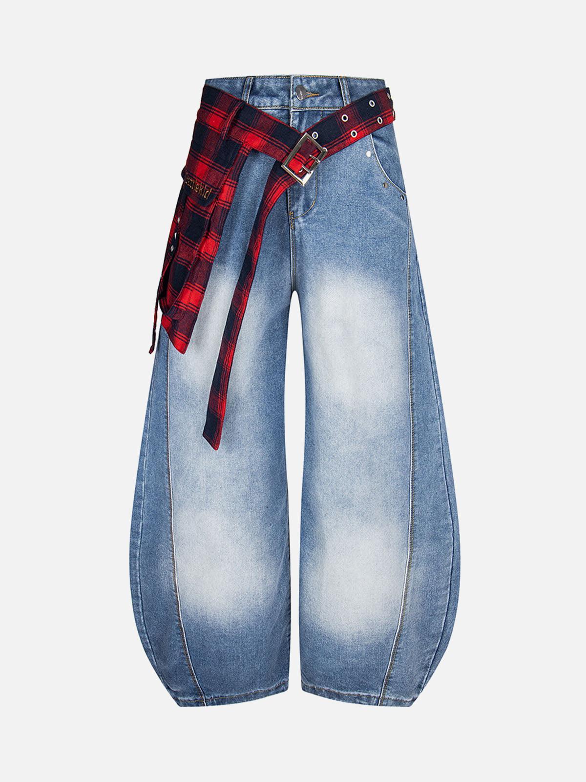 Concert Outfit Washed Plaid Belt Barrel Jeans