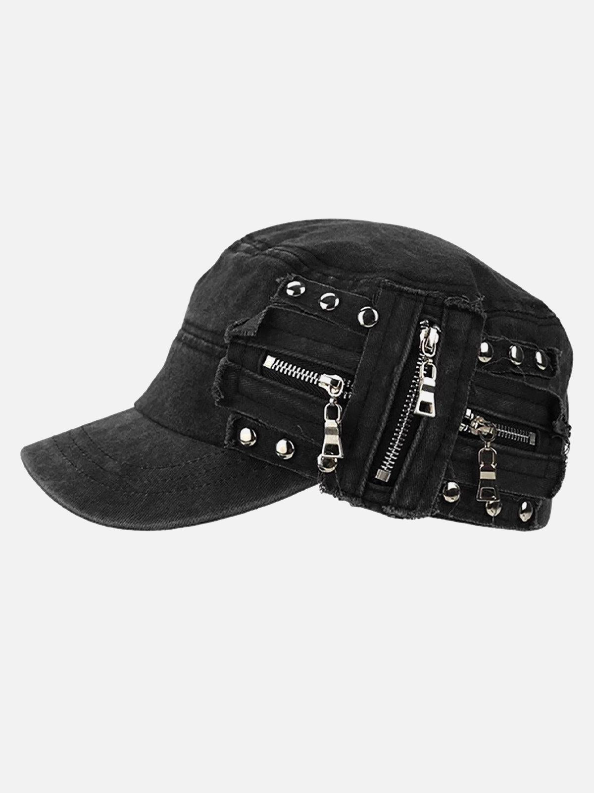 Concert Outfit Washed Rivet Zipper Flat Top Cap