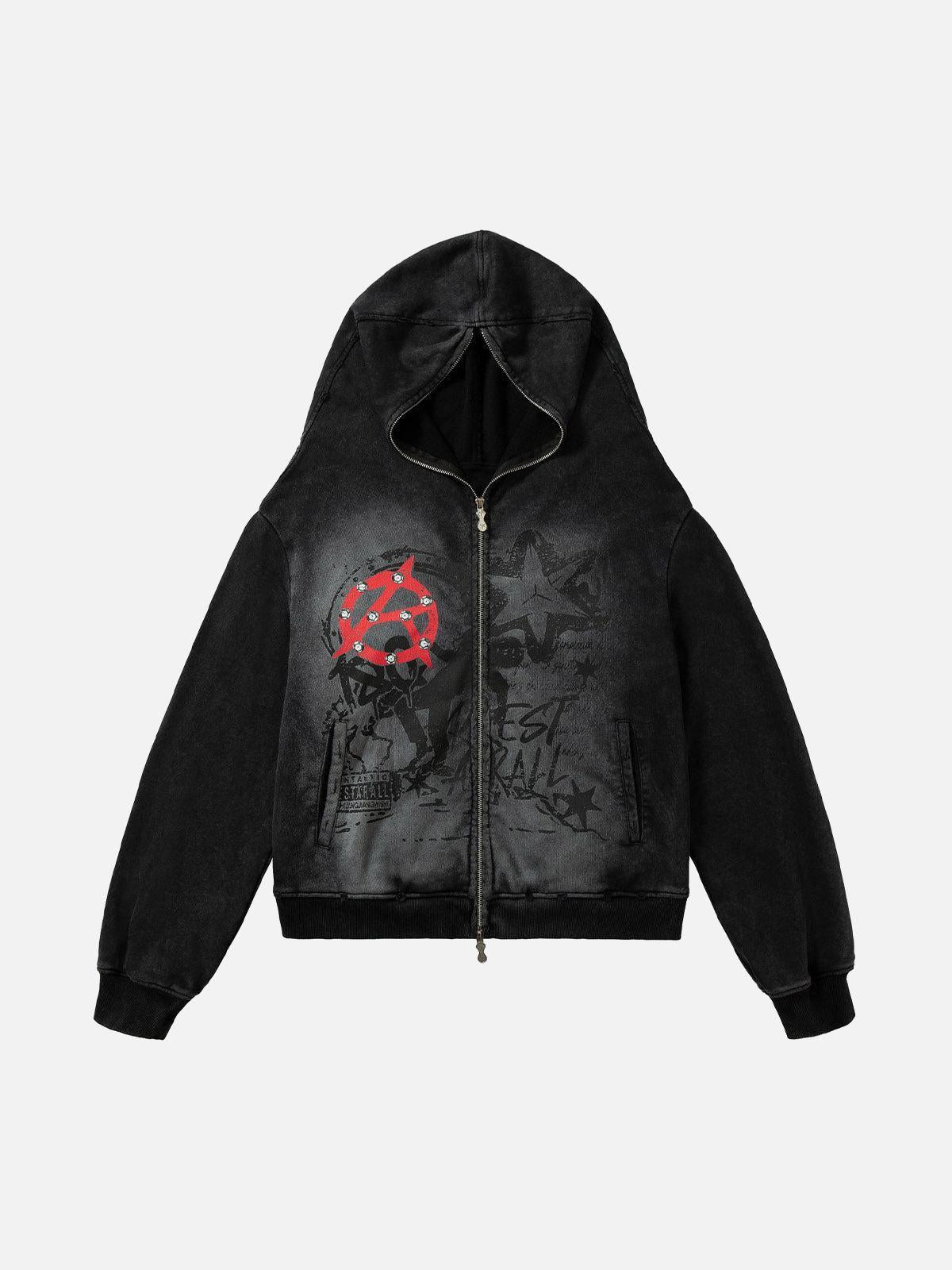 Concert Outfit Washed Star Print Full Zipper Hoodie
