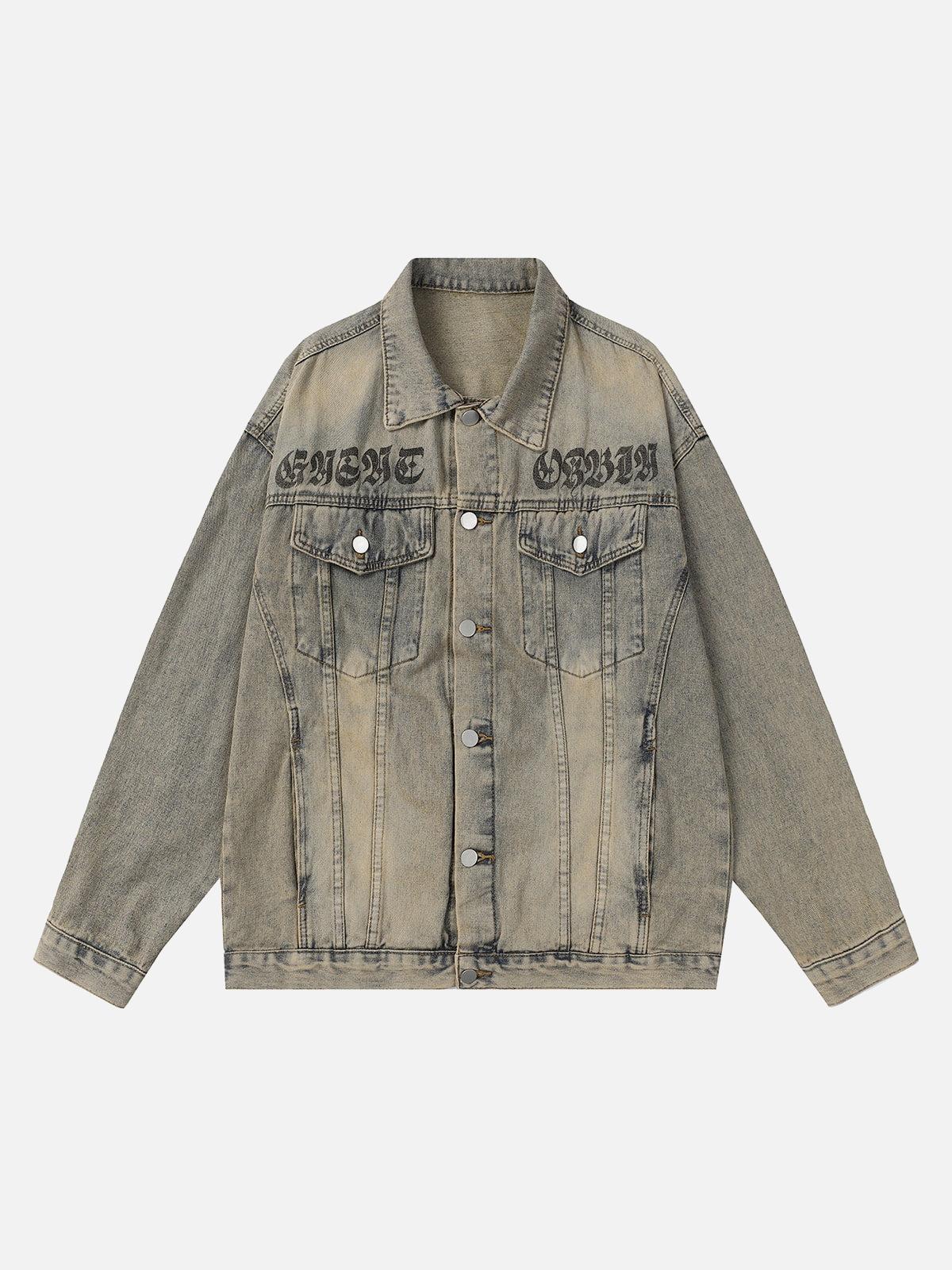 Concert Outfit Washed Vintage Letter Print Denim Jacket