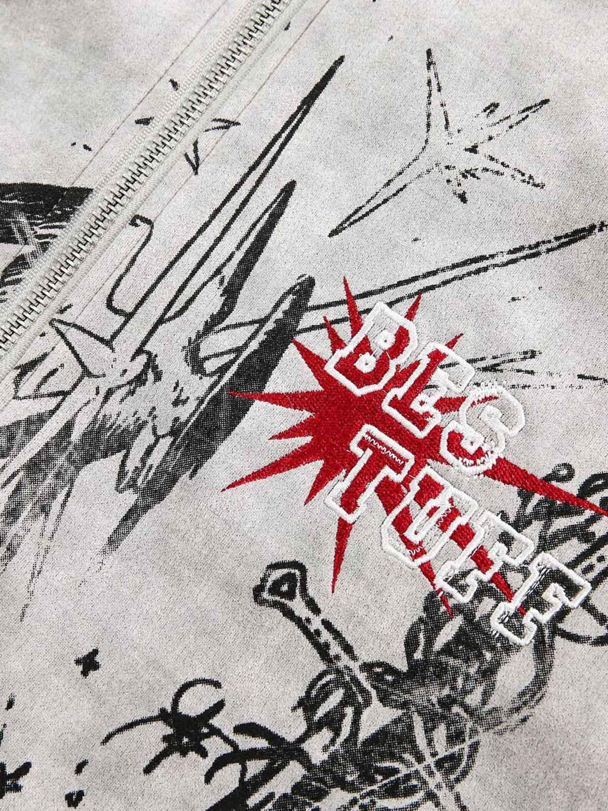 Concert Outfit Wasteland Patchwork Graffiti Zip Up Jacket Concert Outfit Wasteland Patchwork Graffiti Zip Up Jacket