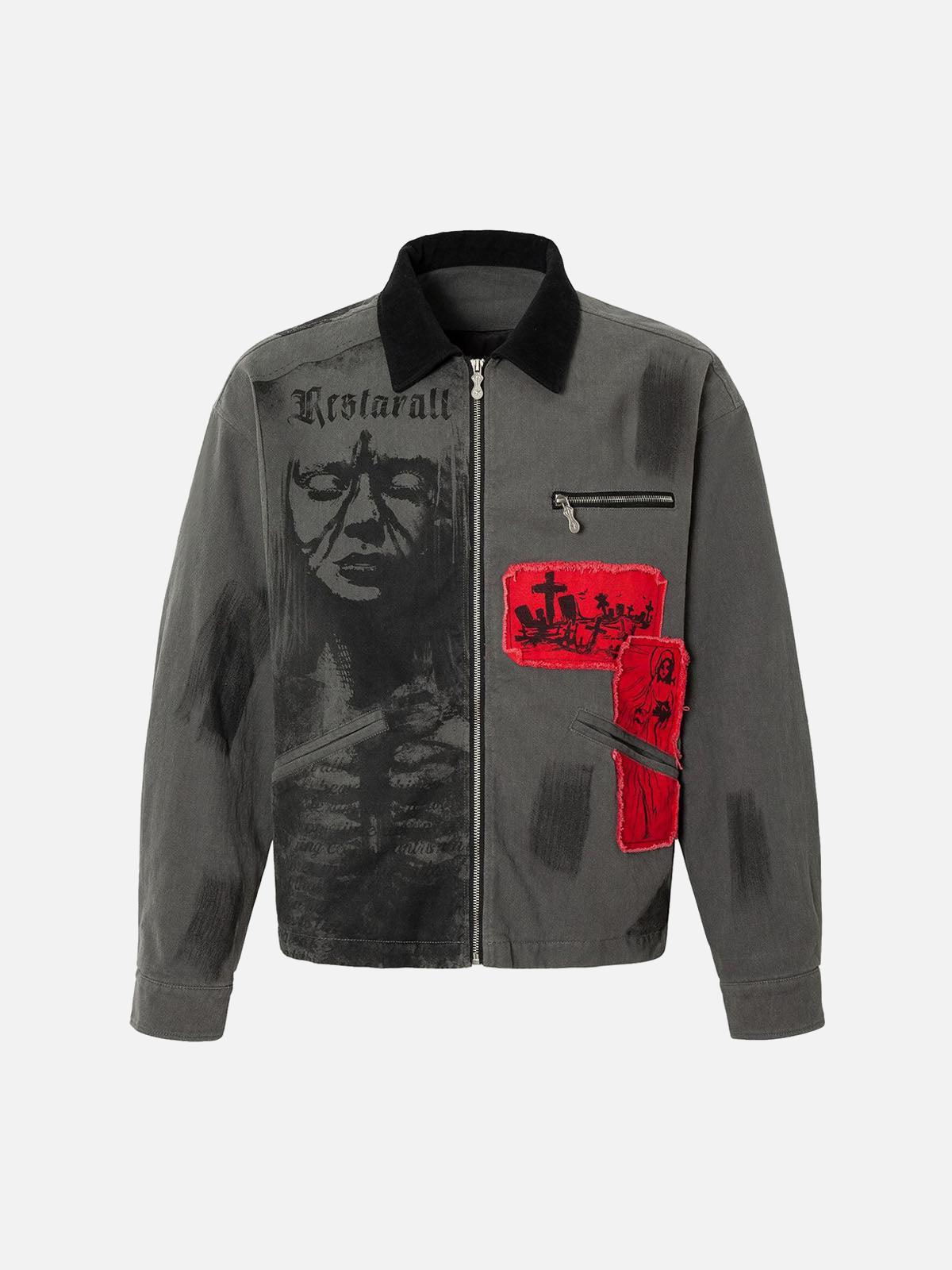 Concert Outfit Wasteland Style Portrait Print Patchwork Barn Jacket