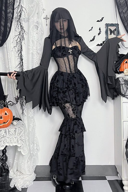 Concert- Ready, Halloween Dark Mesh Gothic Dress - Concert Outfit