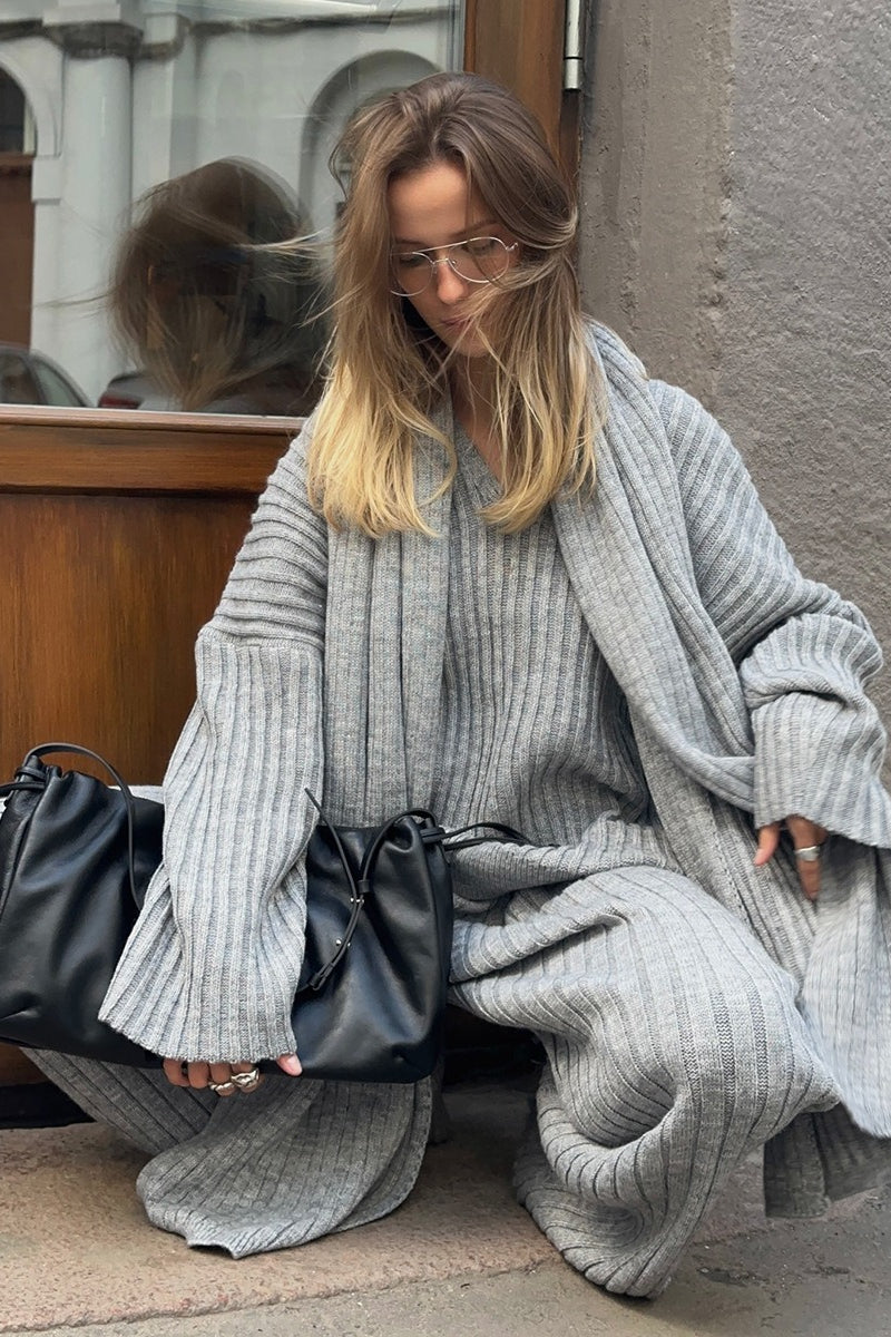 Concert-Ready, Relaxed Fit V Neck Ribbed Sweater with Pants Two Piece Pants Set