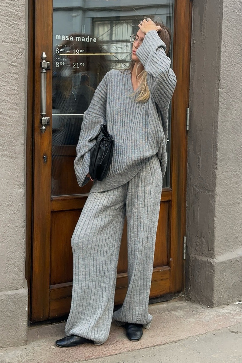 Concert-Ready, Relaxed Fit V Neck Ribbed Sweater with Pants Two Piece Pants Set