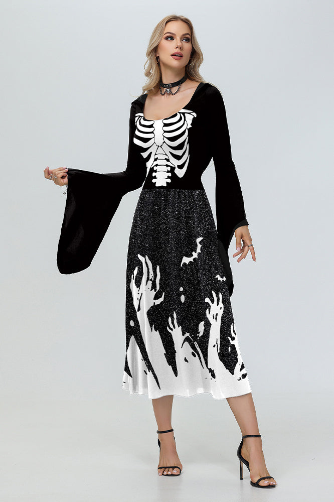 Concert- Ready, Witch Hooded Skeleton Spider Print Maxi Dr - Concert Outfit