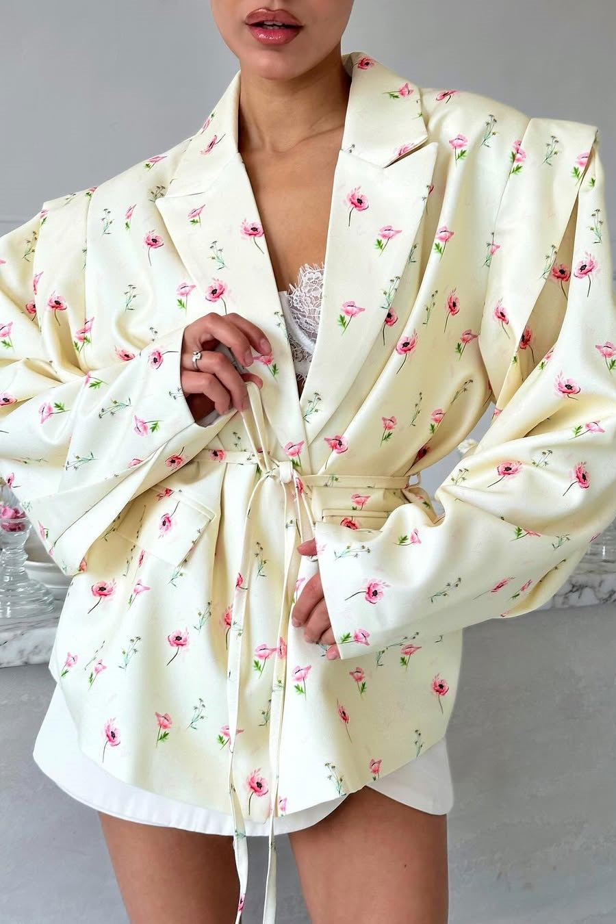 Core Aesthetic and Winter Style, Long Sleeve Printed Waist Tie Blazer