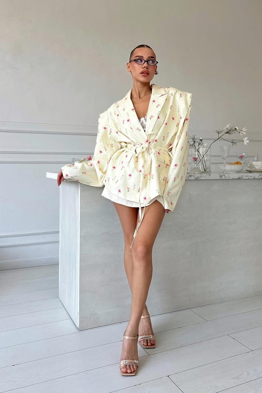 Core Aesthetic and Winter Style, Long Sleeve Printed Waist Tie Blazer